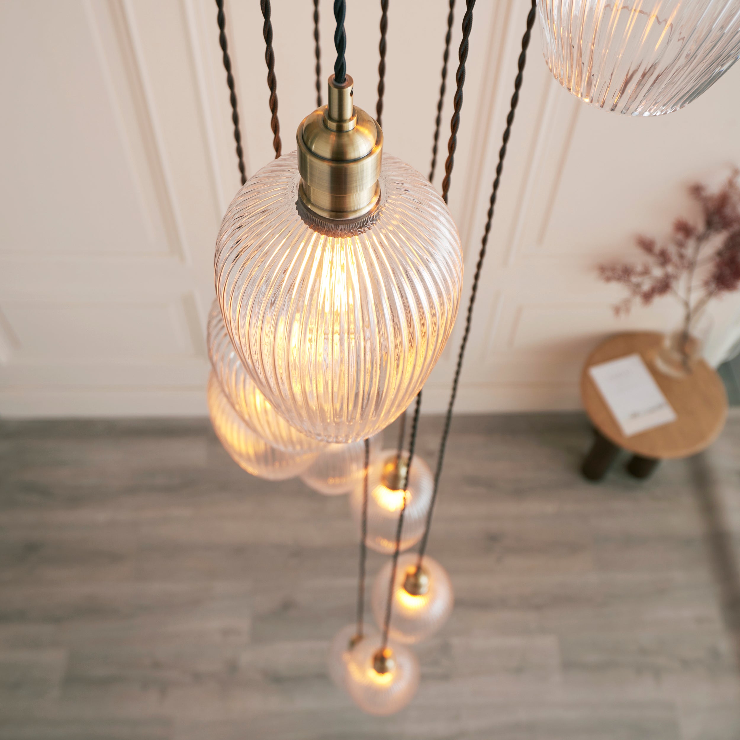 Utopia Finesse 13 Light Cascade Ceiling Pendant - Antique Brass & Clear Ribbed Glass