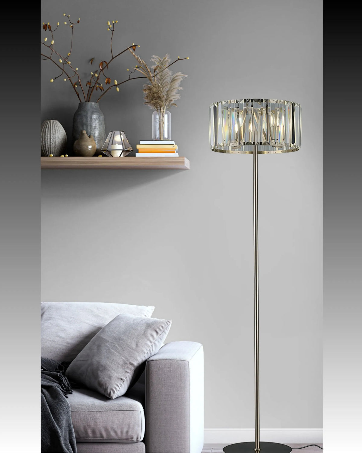 Fabula Barton Crystal Floor Lamp – 43 cm – Satin Nickel & Clear