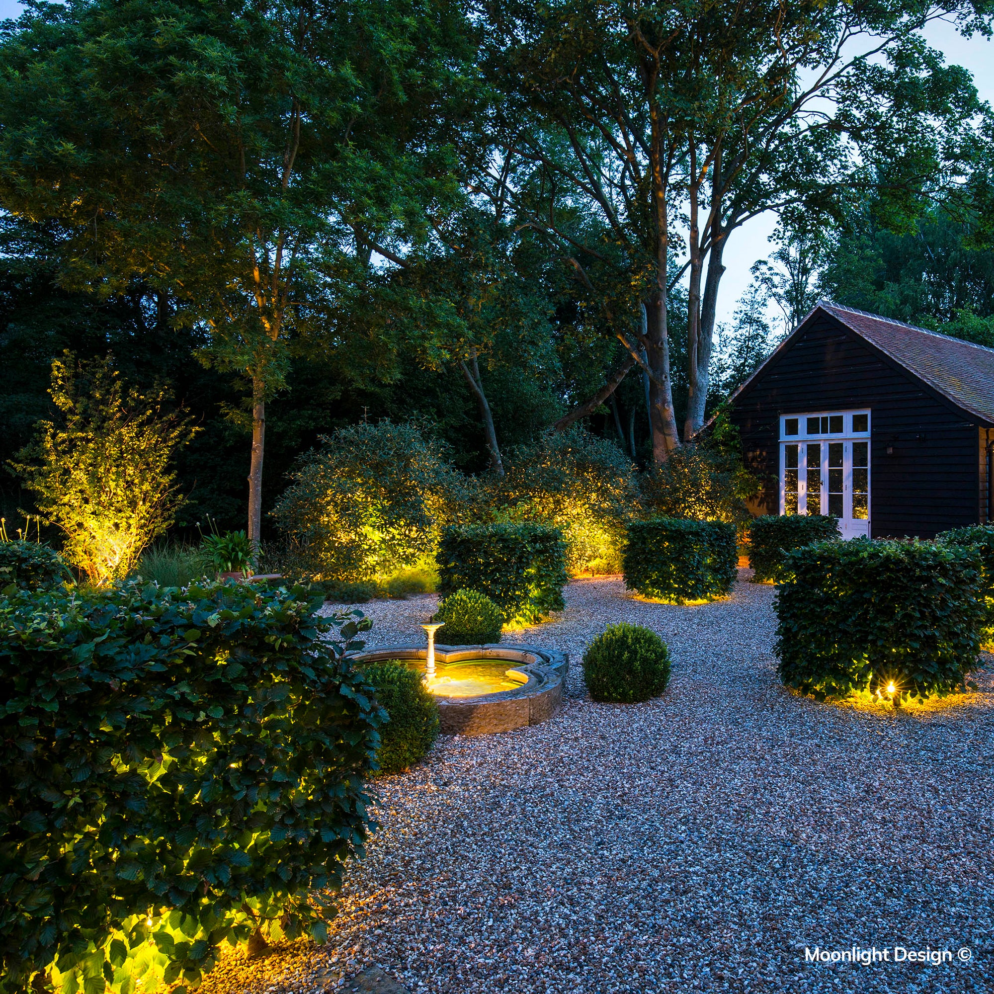 Hunza Spike Spots in a garden border uplighting plants and shrubs at night - Moonlight Design project
