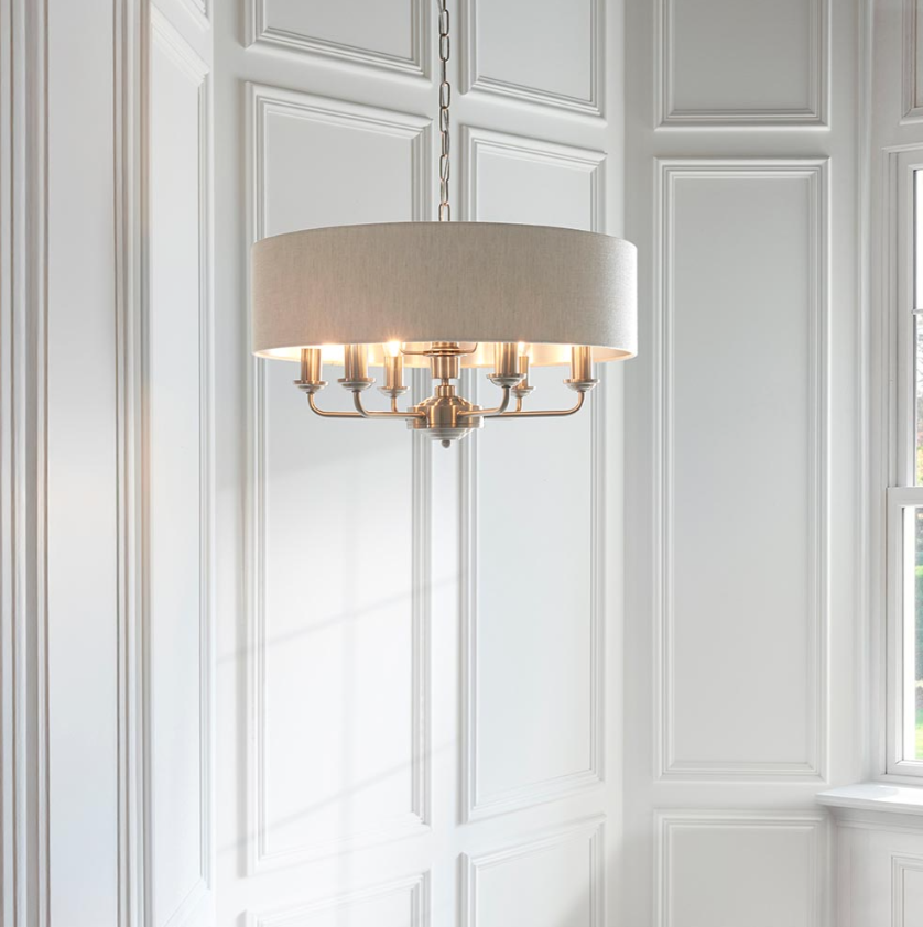 Endon Highclere 6 Light Pendant - Brushed Chrome Plate & Neutral Linen