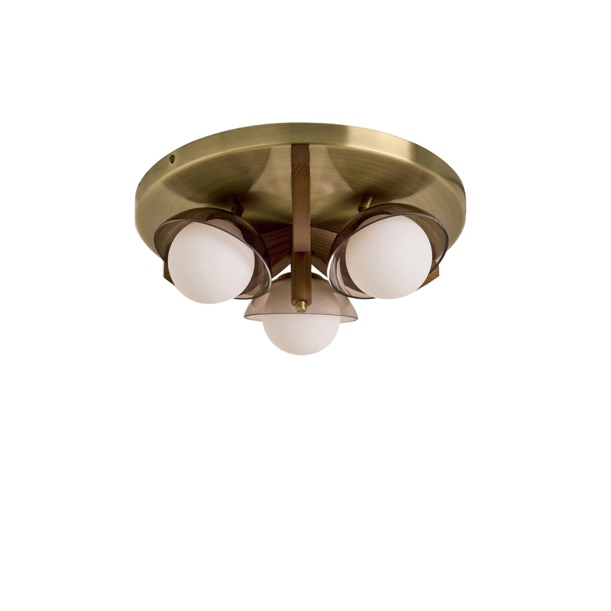 MADE.COM Layla 3 Light Flush Ceiling Light in Antique Brass & Walnut with Smoked & Opal Glass Shades