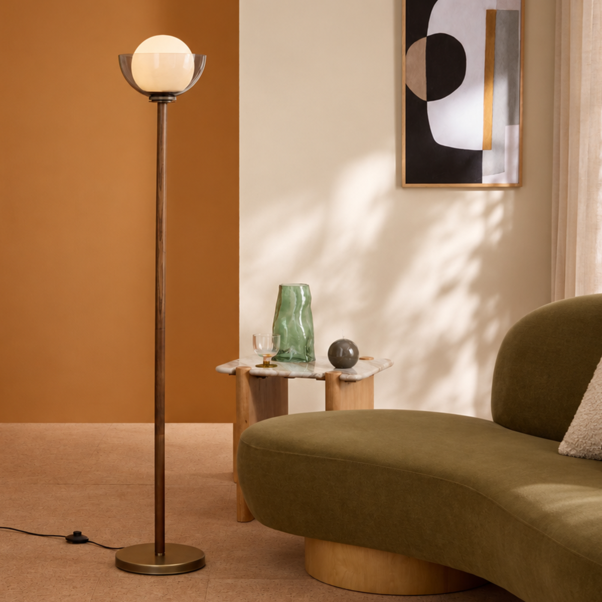 MADE.COM Layla Floor Lamp in Walnut & Antique Brass with Smoked & Opal Glass Shade