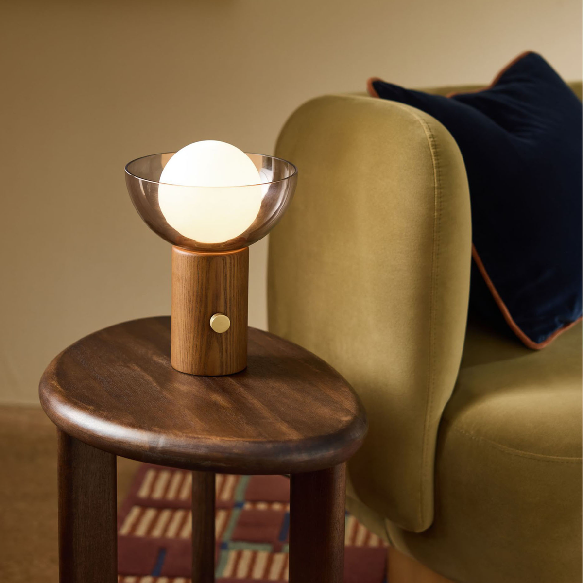 MADE.COM Layla Table Lamp in Walnut & Antique Brass with Smoked & Opal Glass Shade