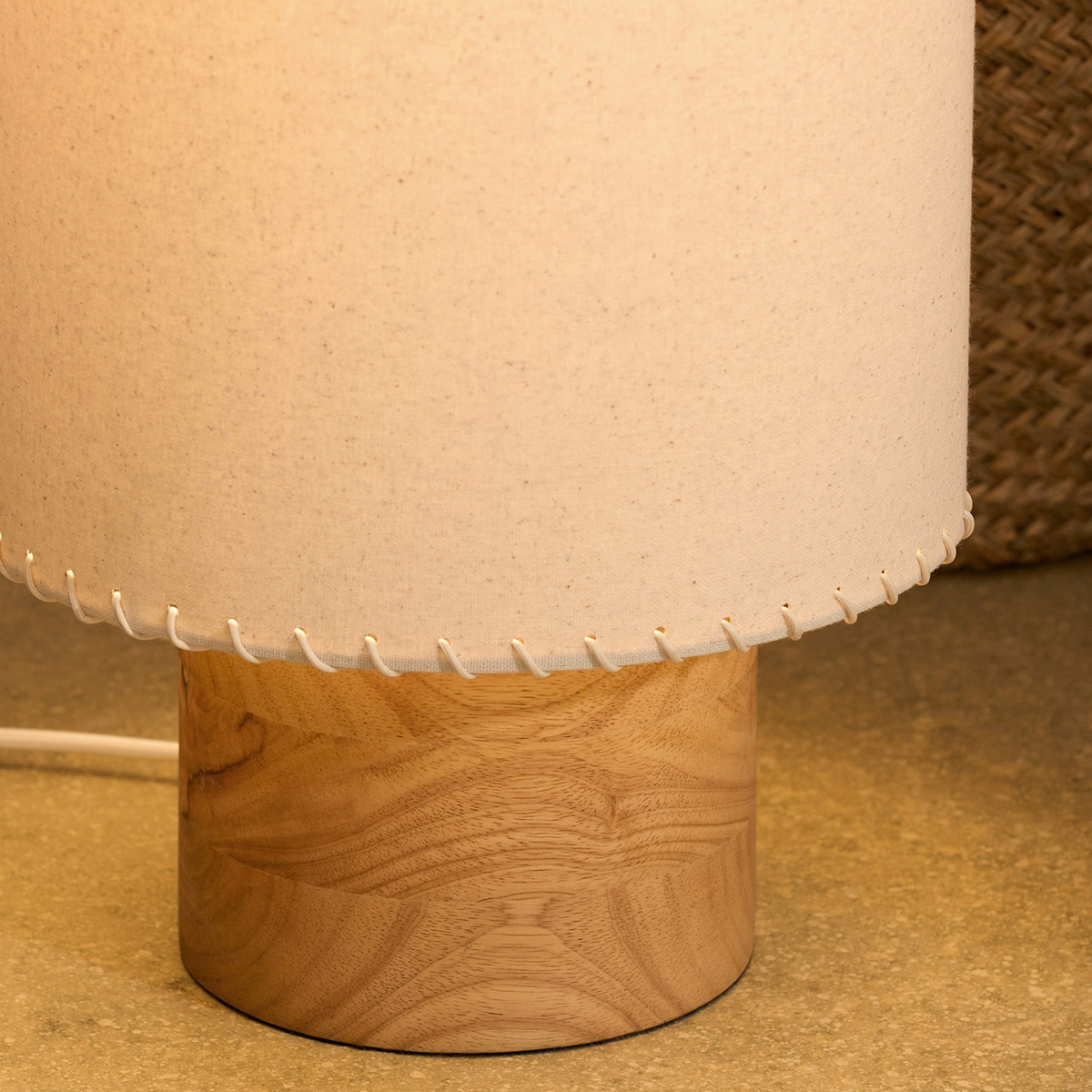 MADE.COM Neutra Floor Lamp in Natural Rubberwood with Faux Linen Shade