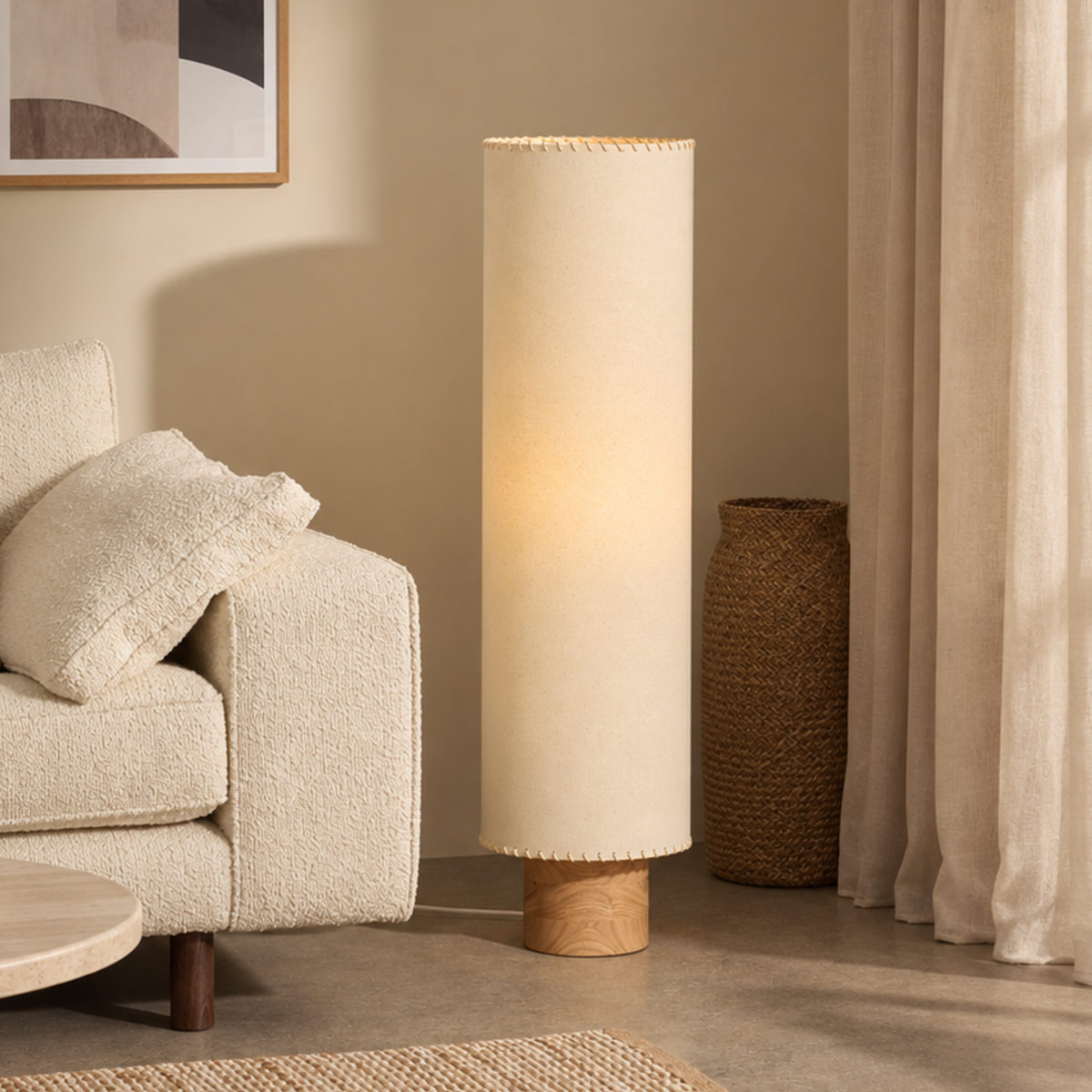 MADE.COM Neutra Floor Lamp in Natural Rubberwood with Faux Linen Shade