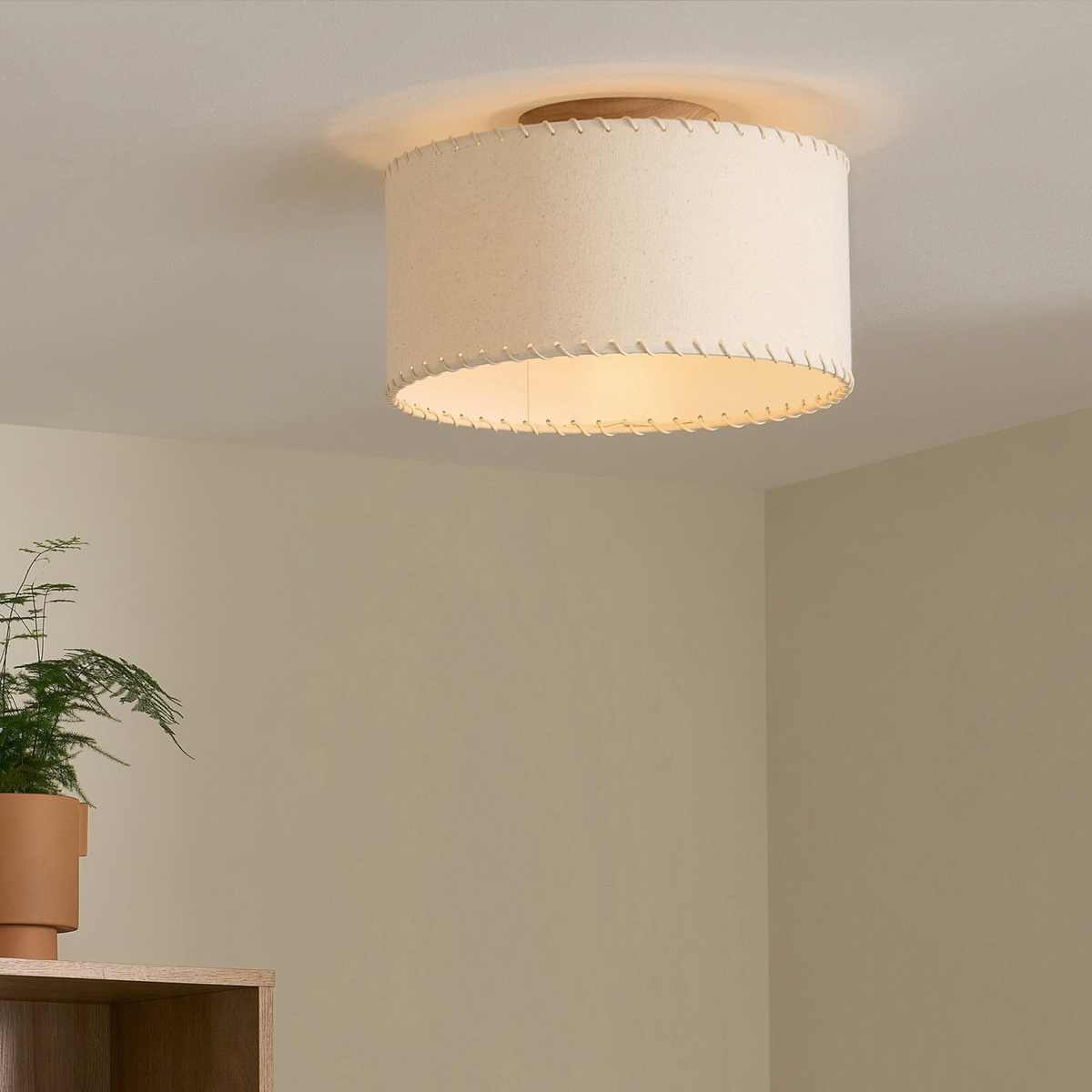 MADE.COM Neutra Flush Ceiling Light in Natural Wood with Fabric Drum Shade