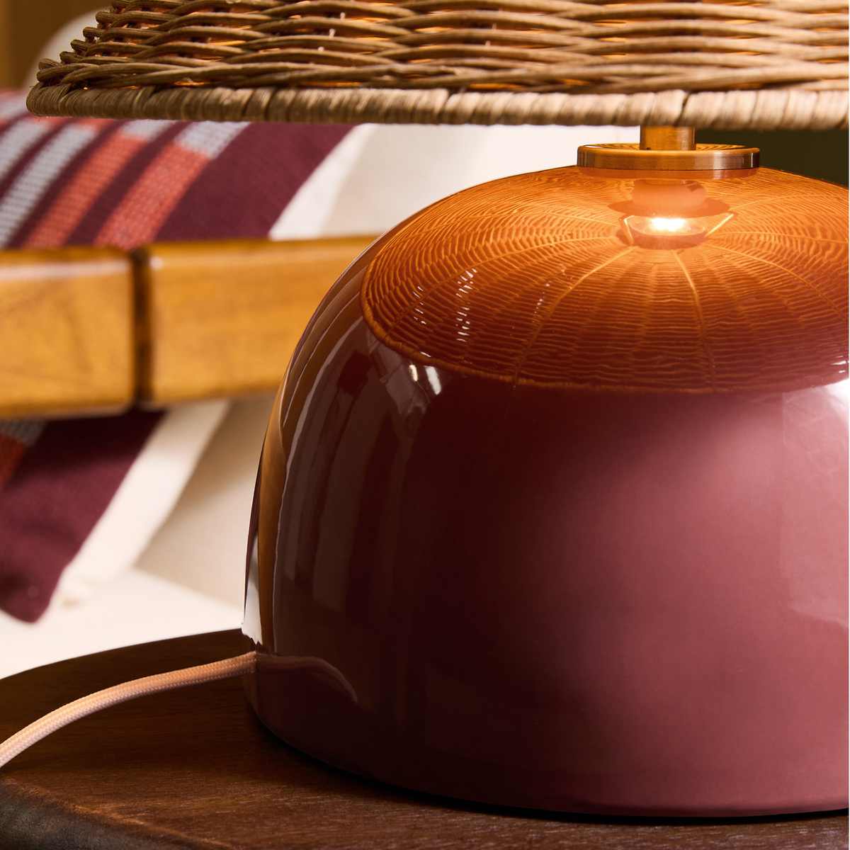 MADE.COM Nora Table Lamp in Burgundy Ceramic with Rattan Shade