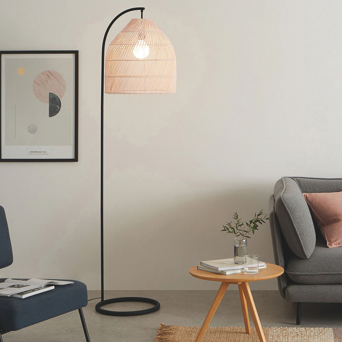 MADE.COM Java Floor Lamp in Matt Black with Natural Rattan Shade