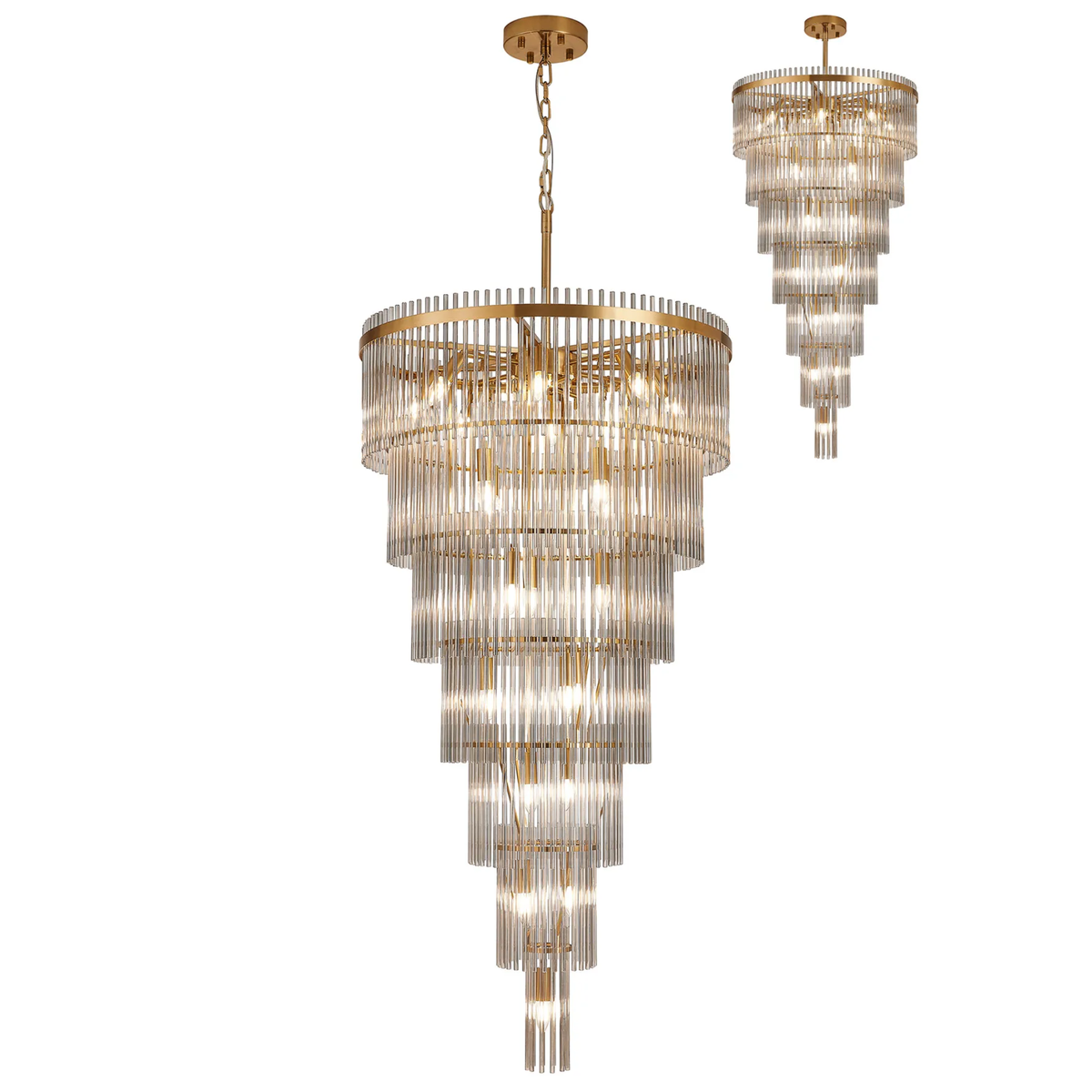 Fabula Robin 77cm 23 Light Glass Rod Chandelier - Brass Gold & Smoked Glass
