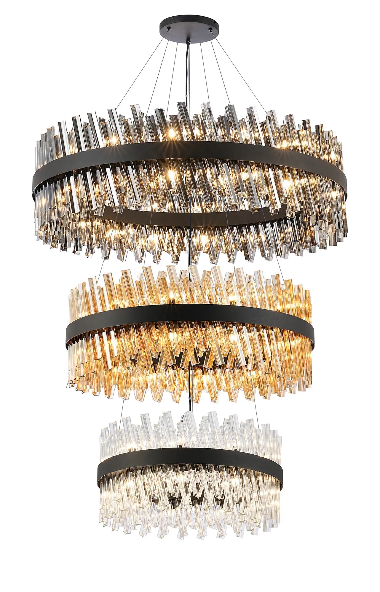 Fabula Farnley 3 Tier 1m Pendant 32 Light - Satin Black & Smoke & Amber & Clear