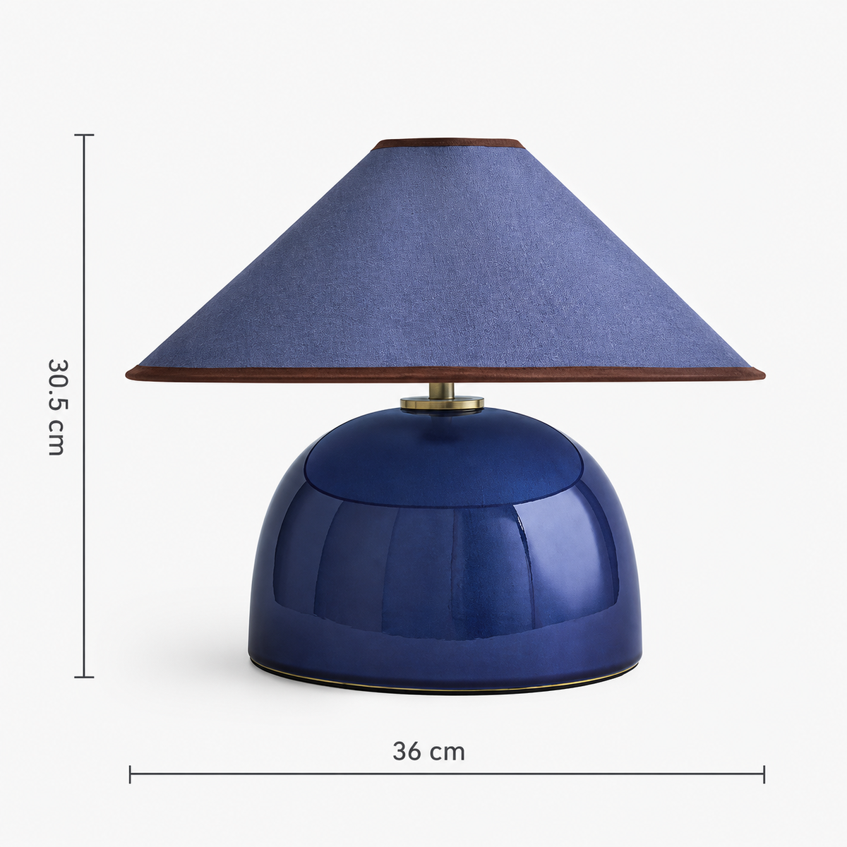MADE Nora table lamp in navy glaze ceramic with blue linen shade, dimension diagram showing 30.5cm height and 36cm width