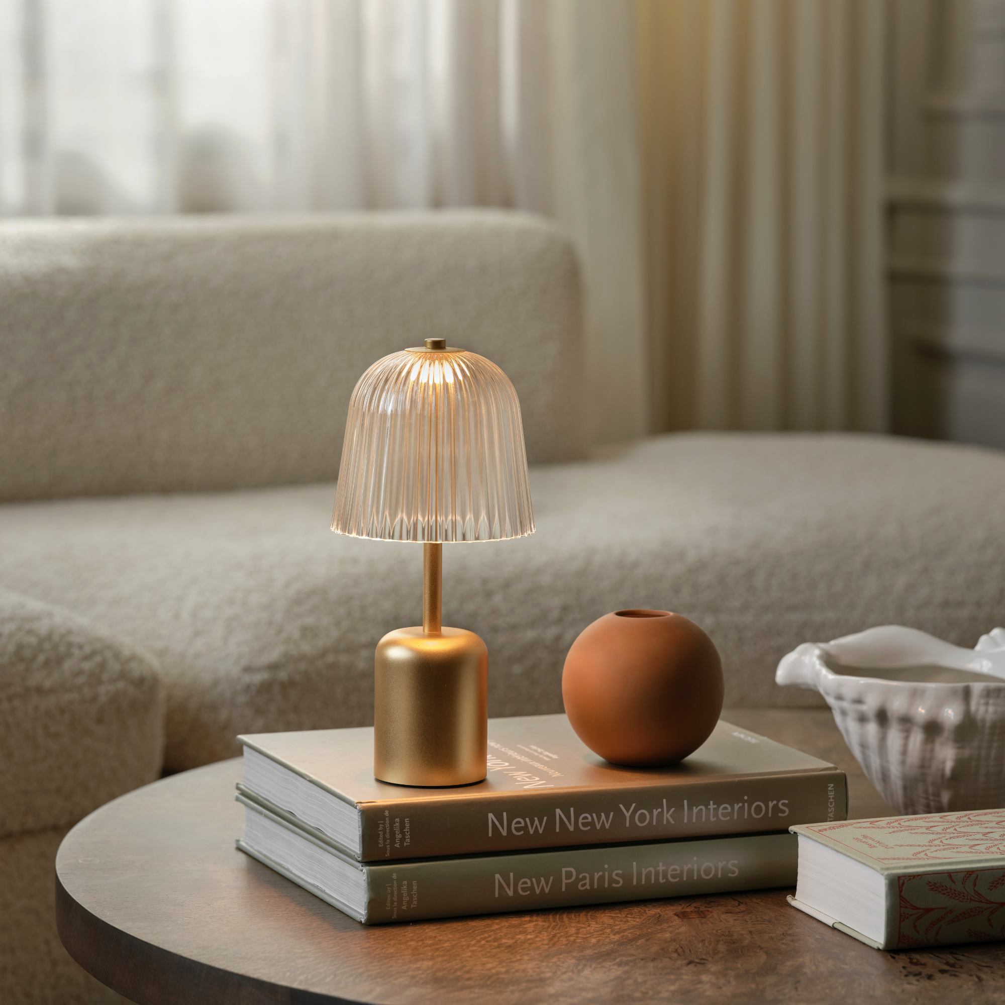 Nuura Asteea Portable LED Table Lamp - Satin Brass & Clear Ripple Shade
