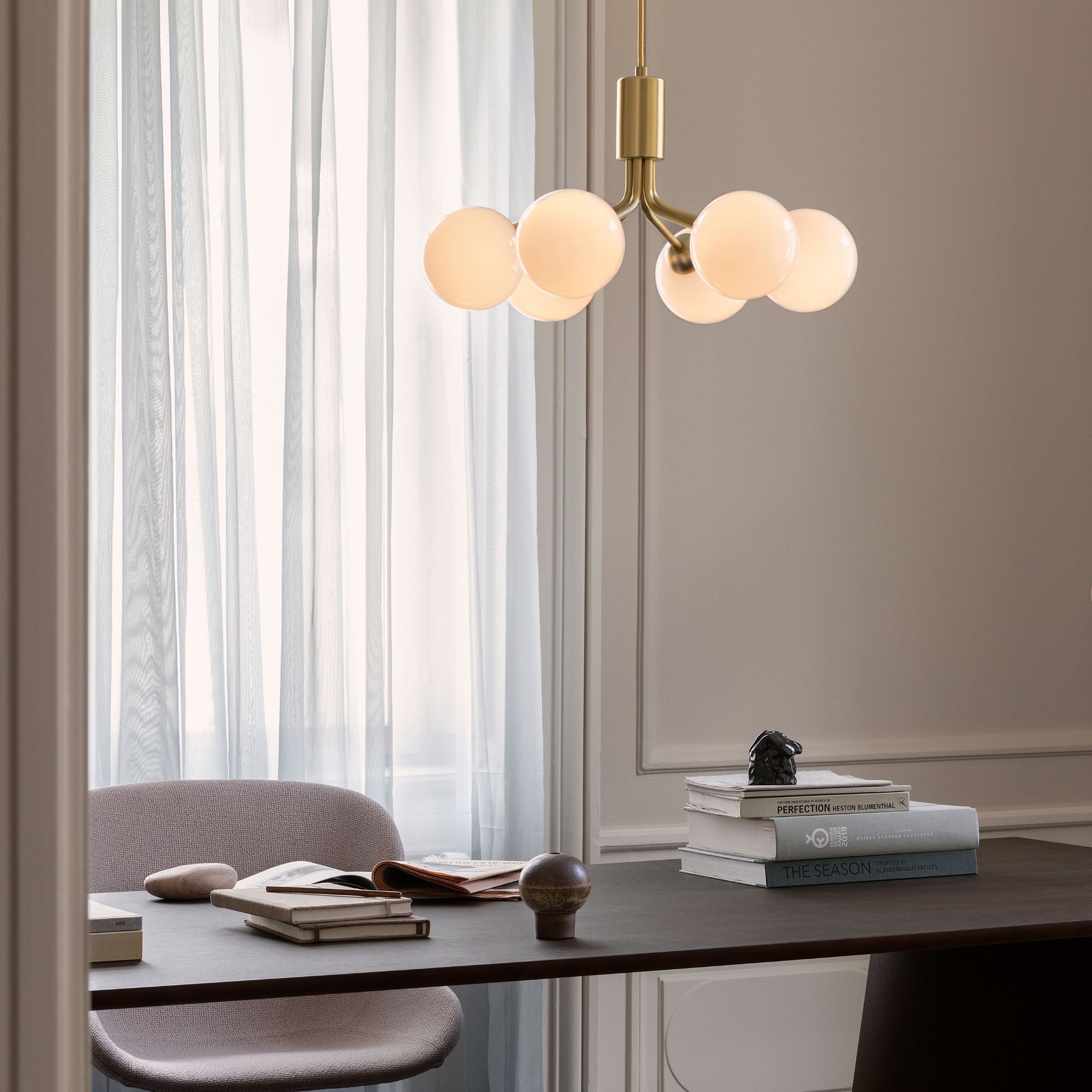 Nuura Apiales 6 Light Chandelier - Brushed Brass & Opal Glass