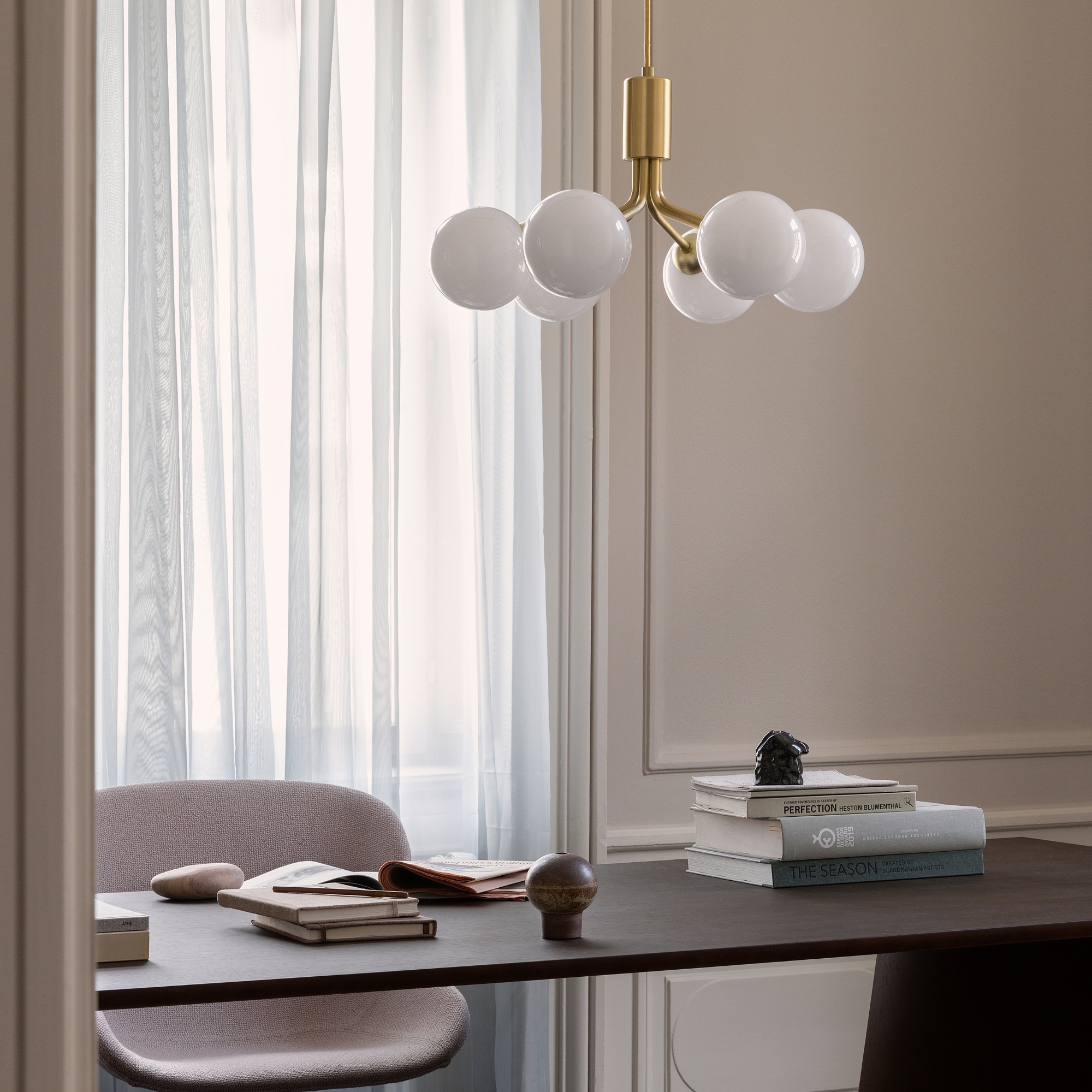 Nuura Apiales 6 Light Chandelier - Brushed Brass & Opal Glass