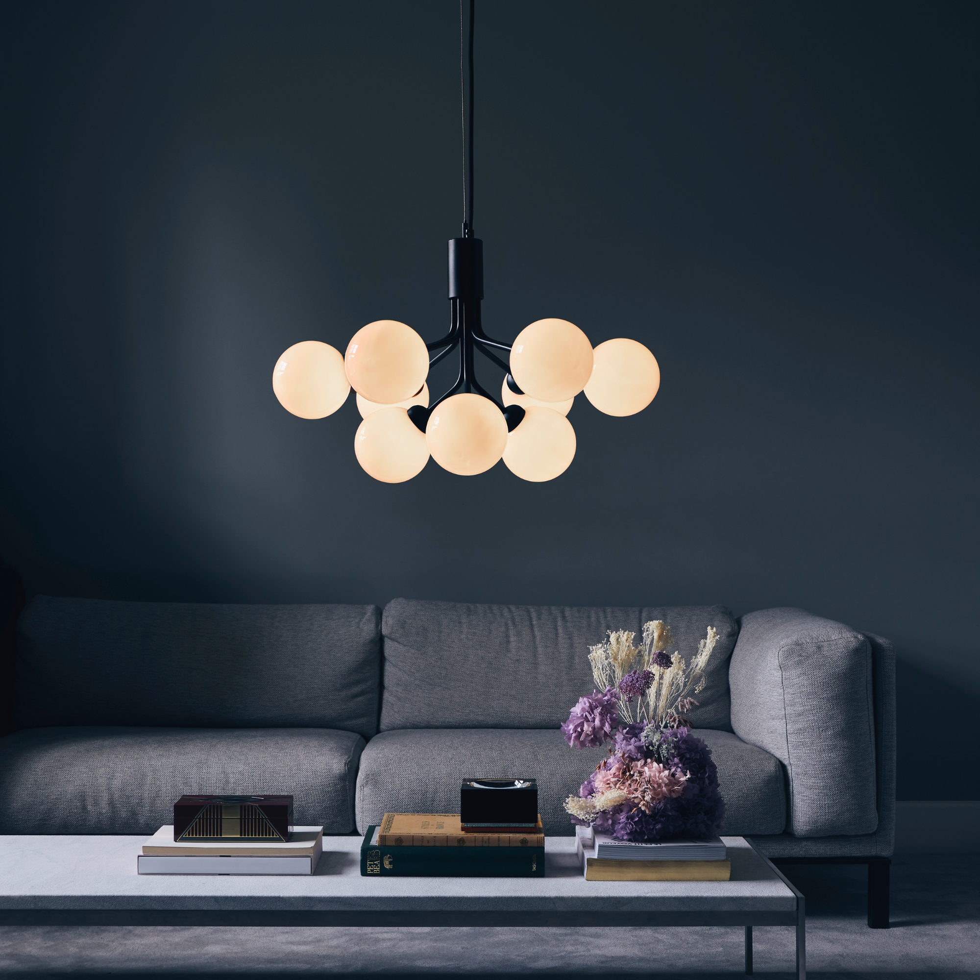 Nuura Apiales 9 Light Chandelier - Satin Black & Opal Glass