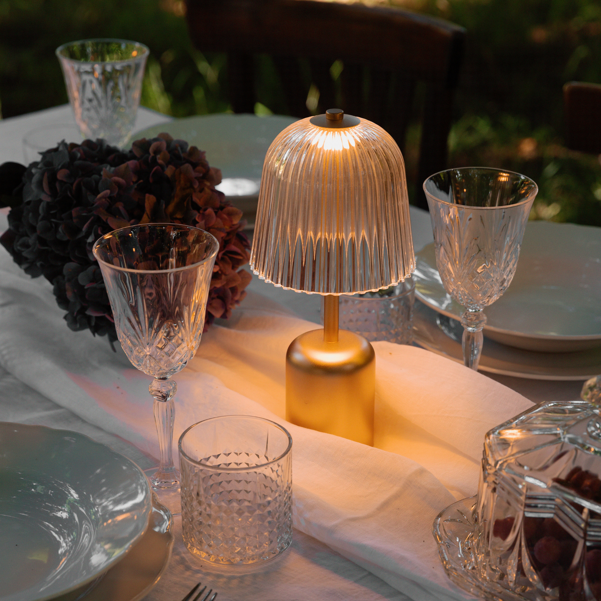 Nuura Asteea Portable LED Table Lamp - Satin Brass & Clear Ripple Shade