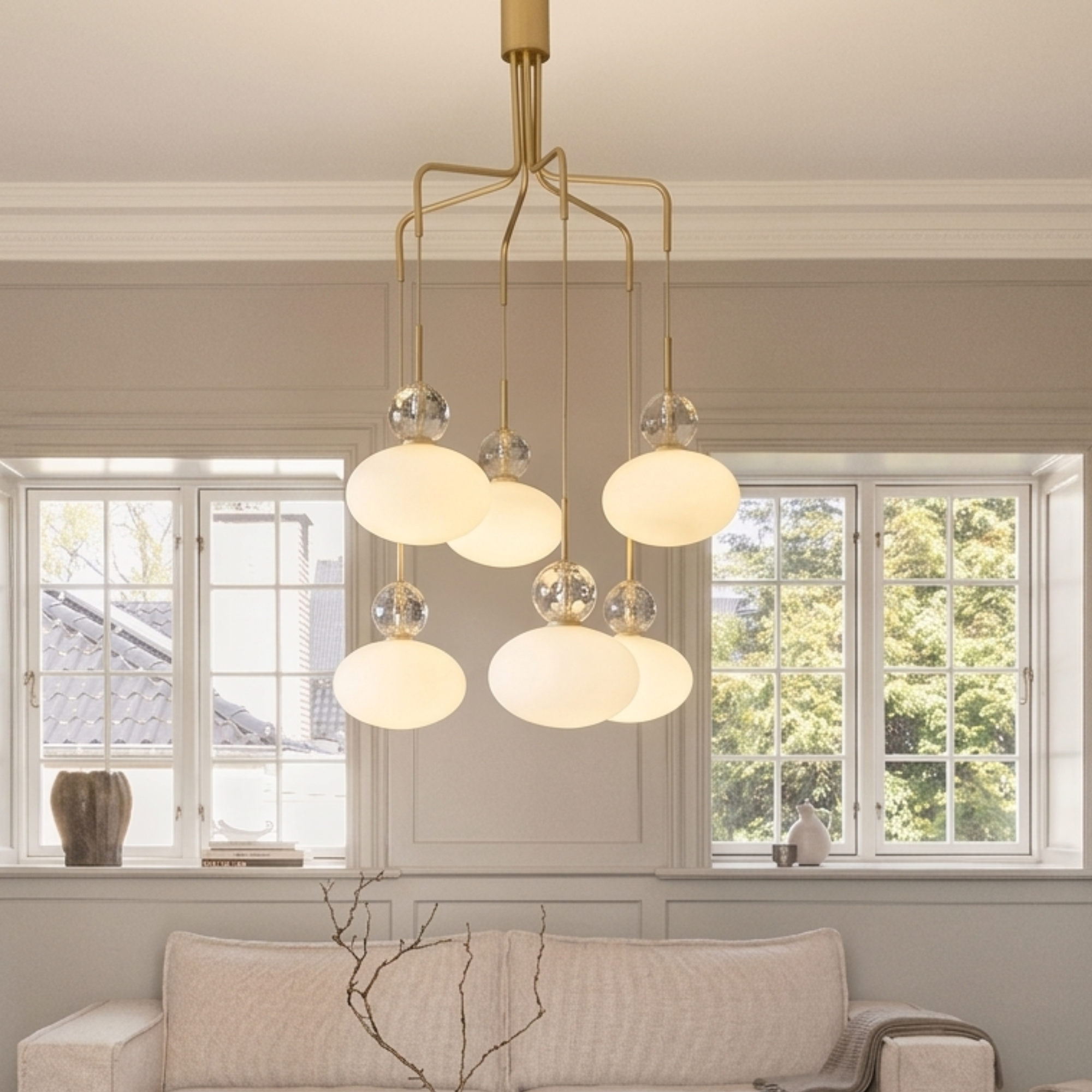 Nuura Rizzatto Cluster 6 Light Chandelier - Satin Brass & Opal Glass