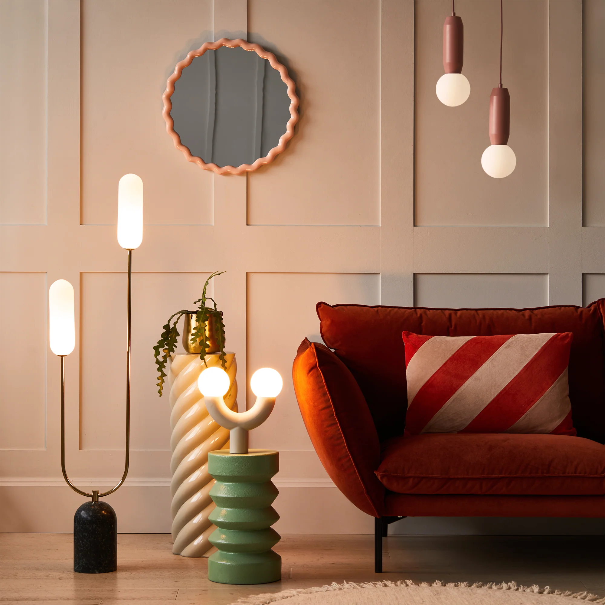 houseof. Marble Curve Floor Lamp - Brass & Green Marble