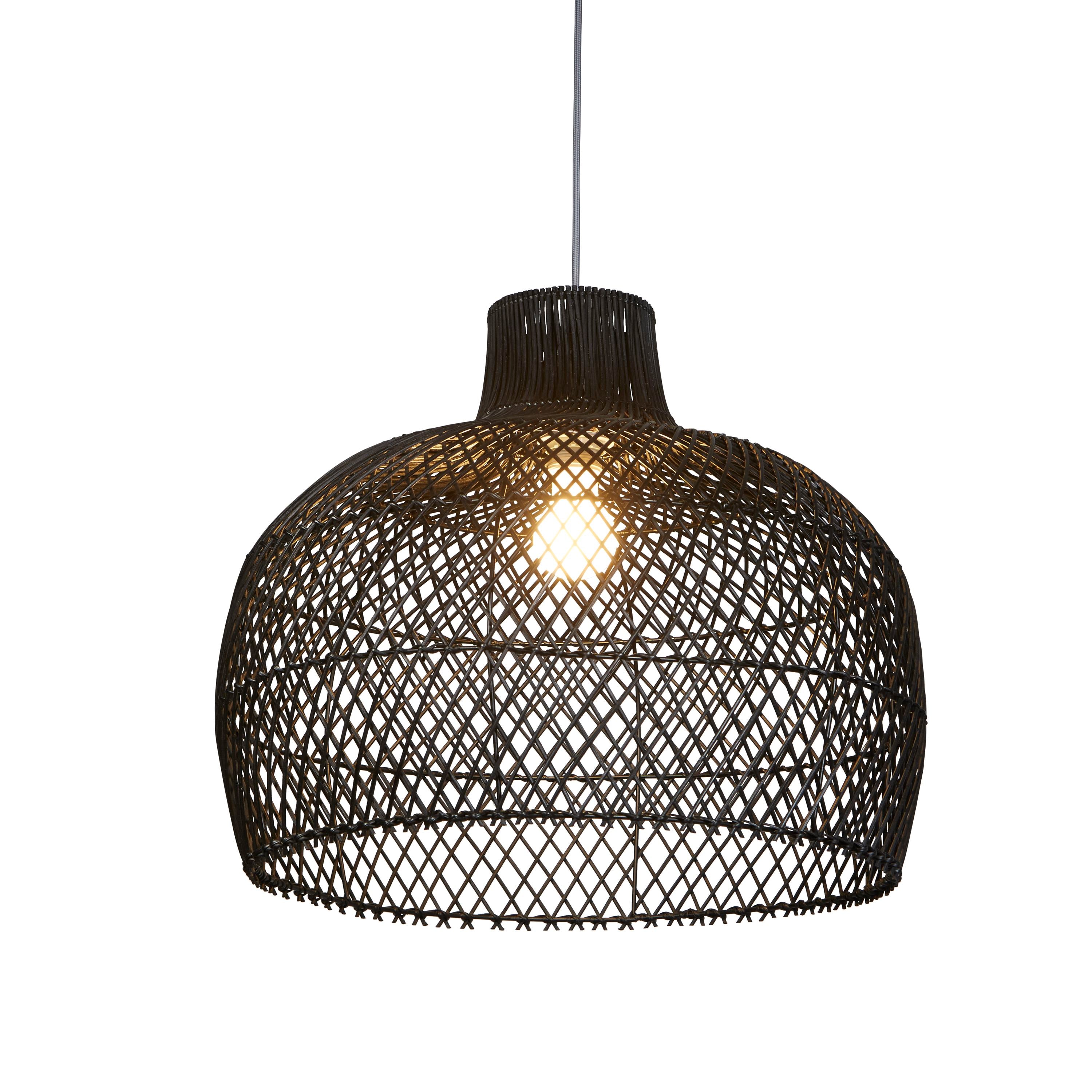 Searchlight large bell shaped pendant shade in black rattan, angled view on a white background with the bulb lit