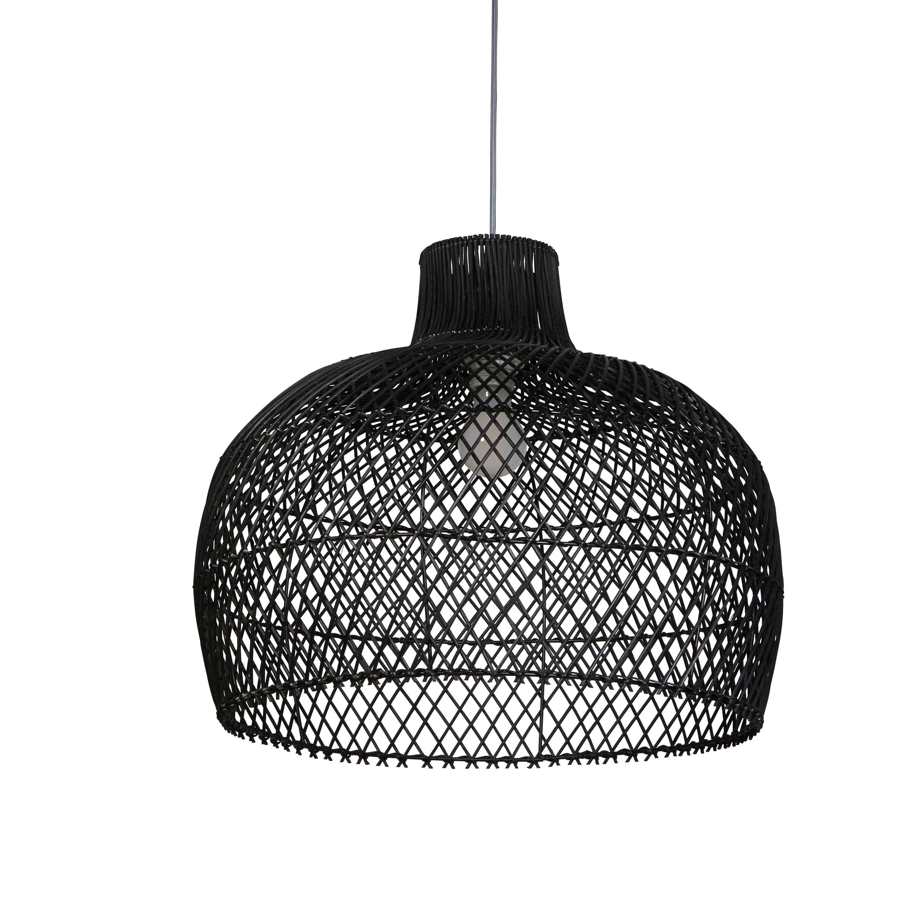 Searchlight large bell shaped pendant shade in black rattan, straight on view on a white background with the bulb lit