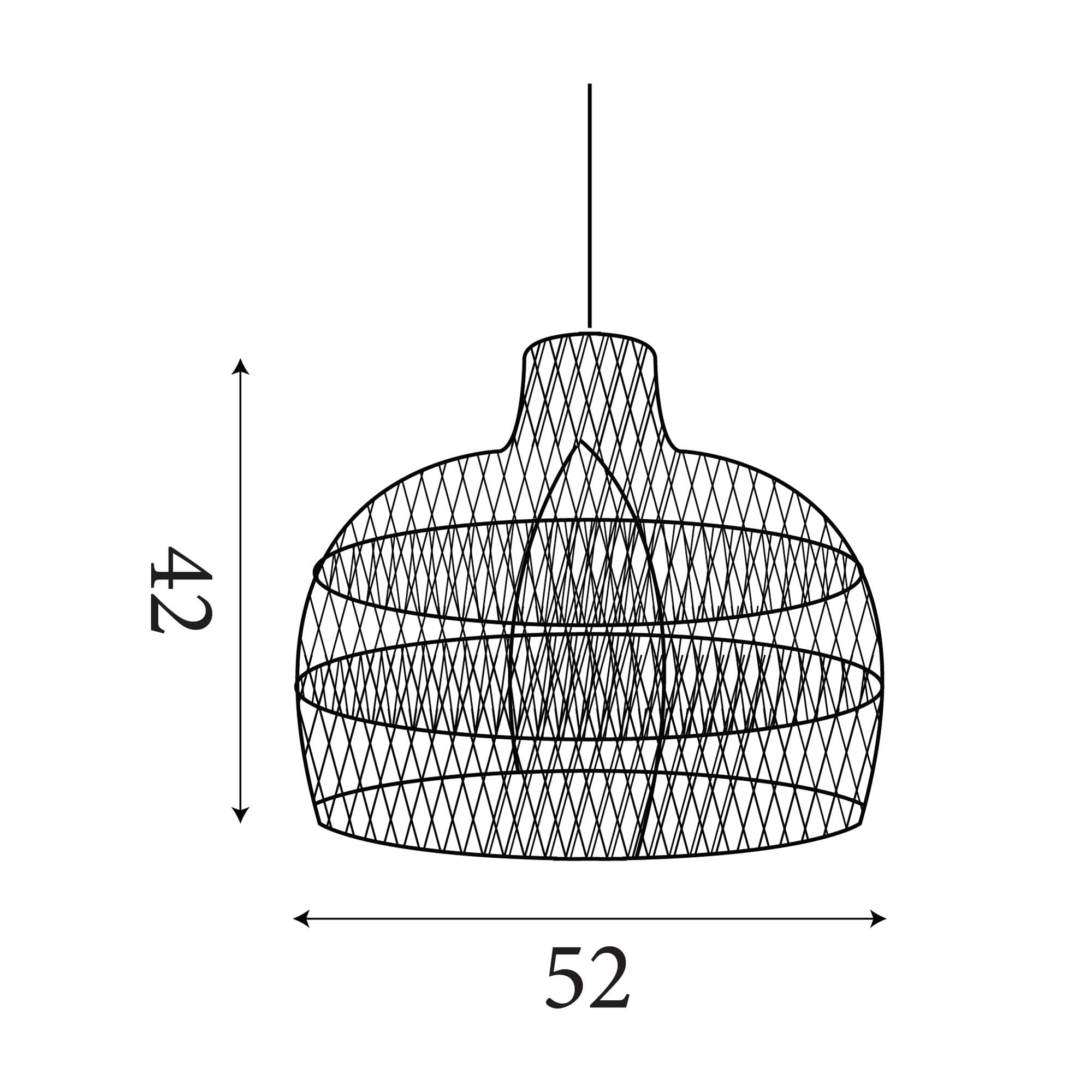 Technical dimension drawing of the large bell rattan pendant shade showing 42cm height and 52cm width