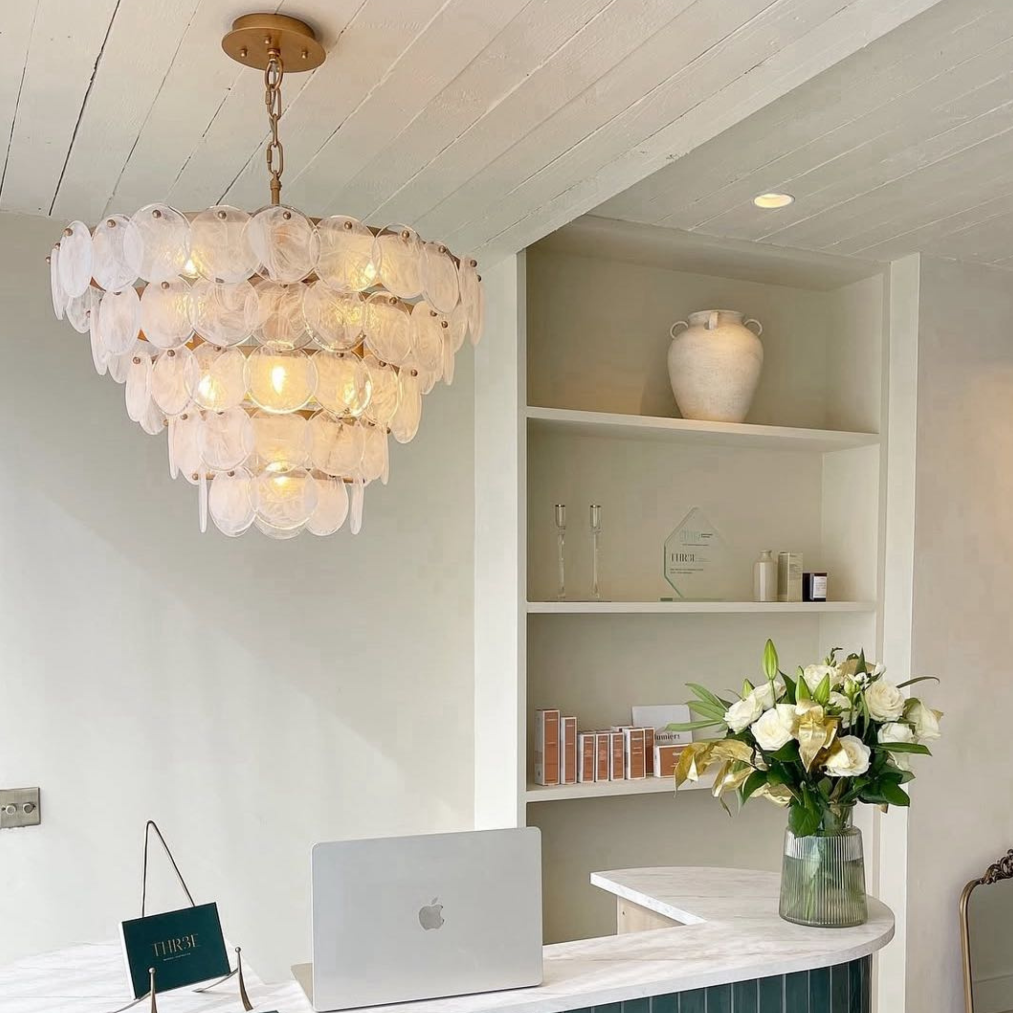 Utopia Scale 9 Light Large Pendant Chandelier - Antique Gold Paint with White & Clear Glass
