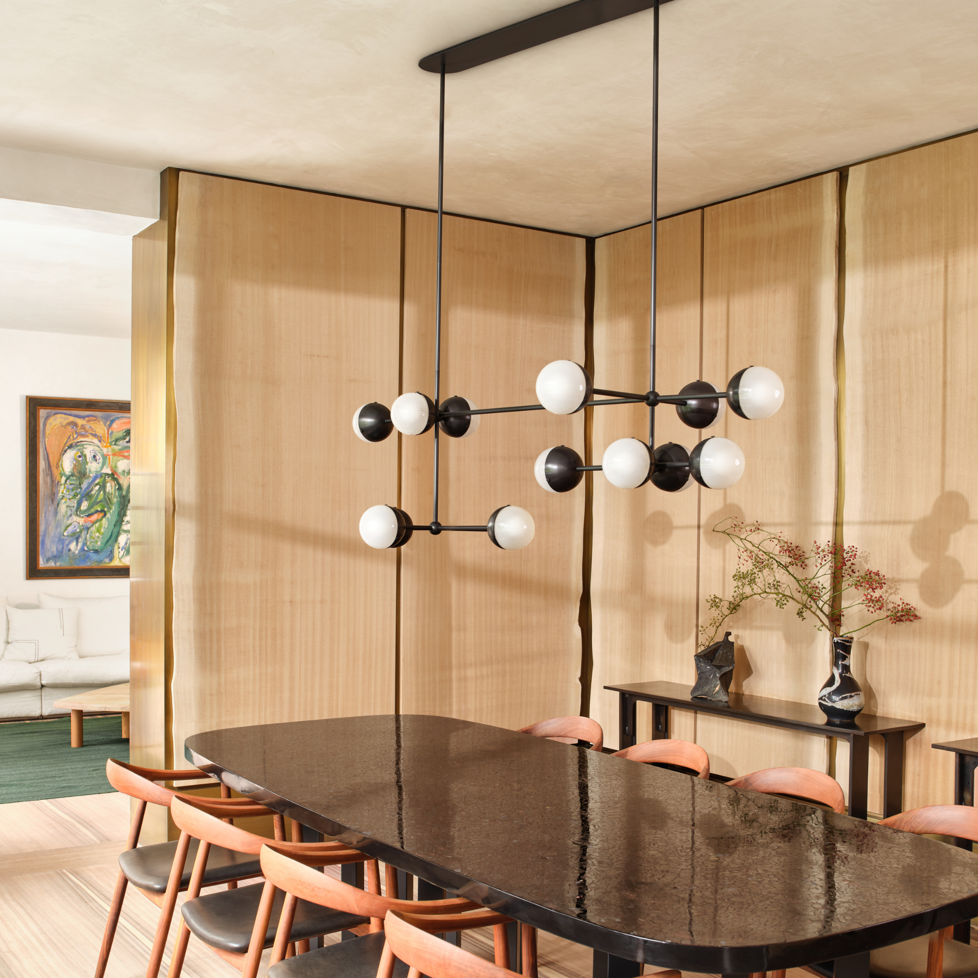 Schwung Molecule Linear 14 Light Chandelier - Frosted Glass