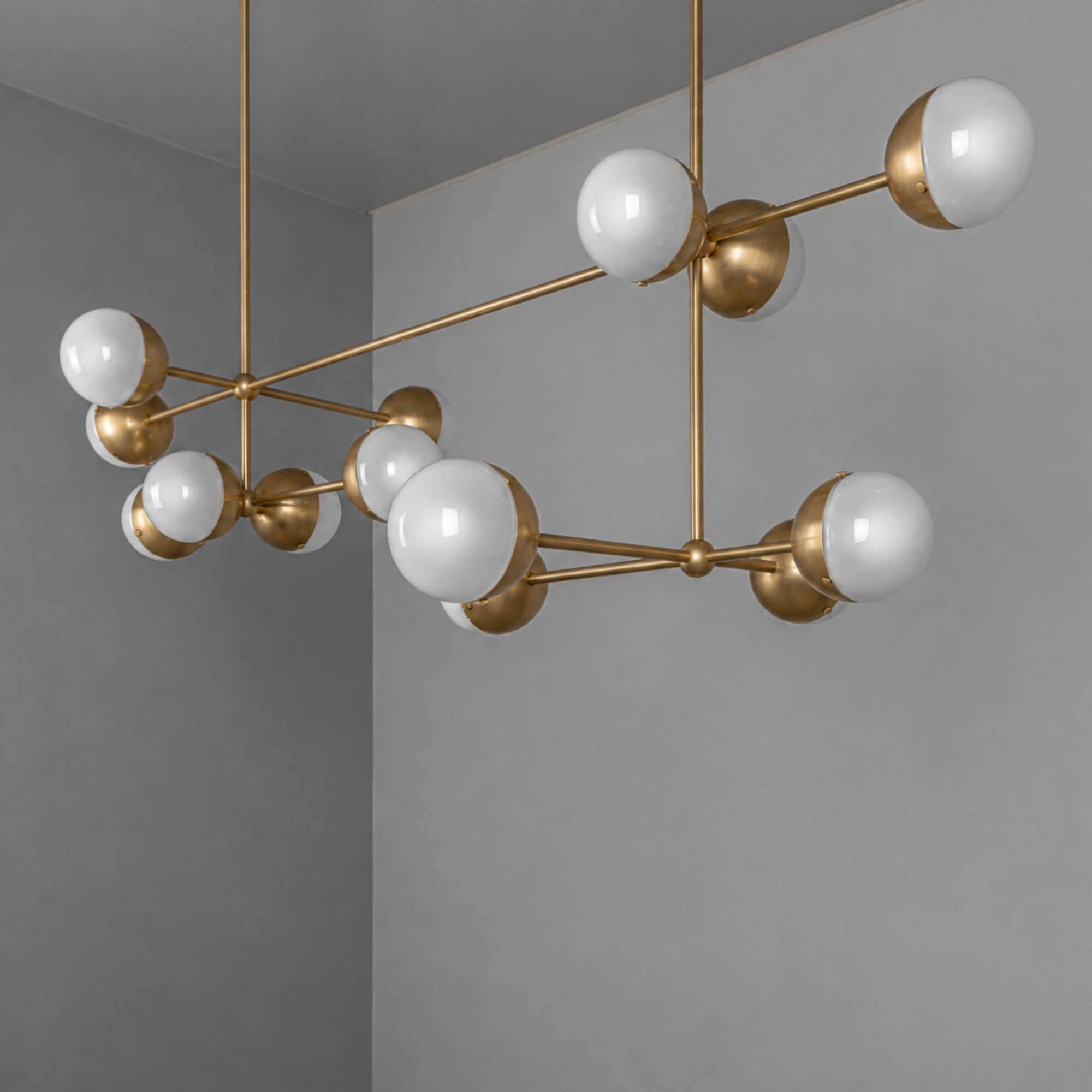Schwung Molecule Linear 14 Light Chandelier - Frosted Glass