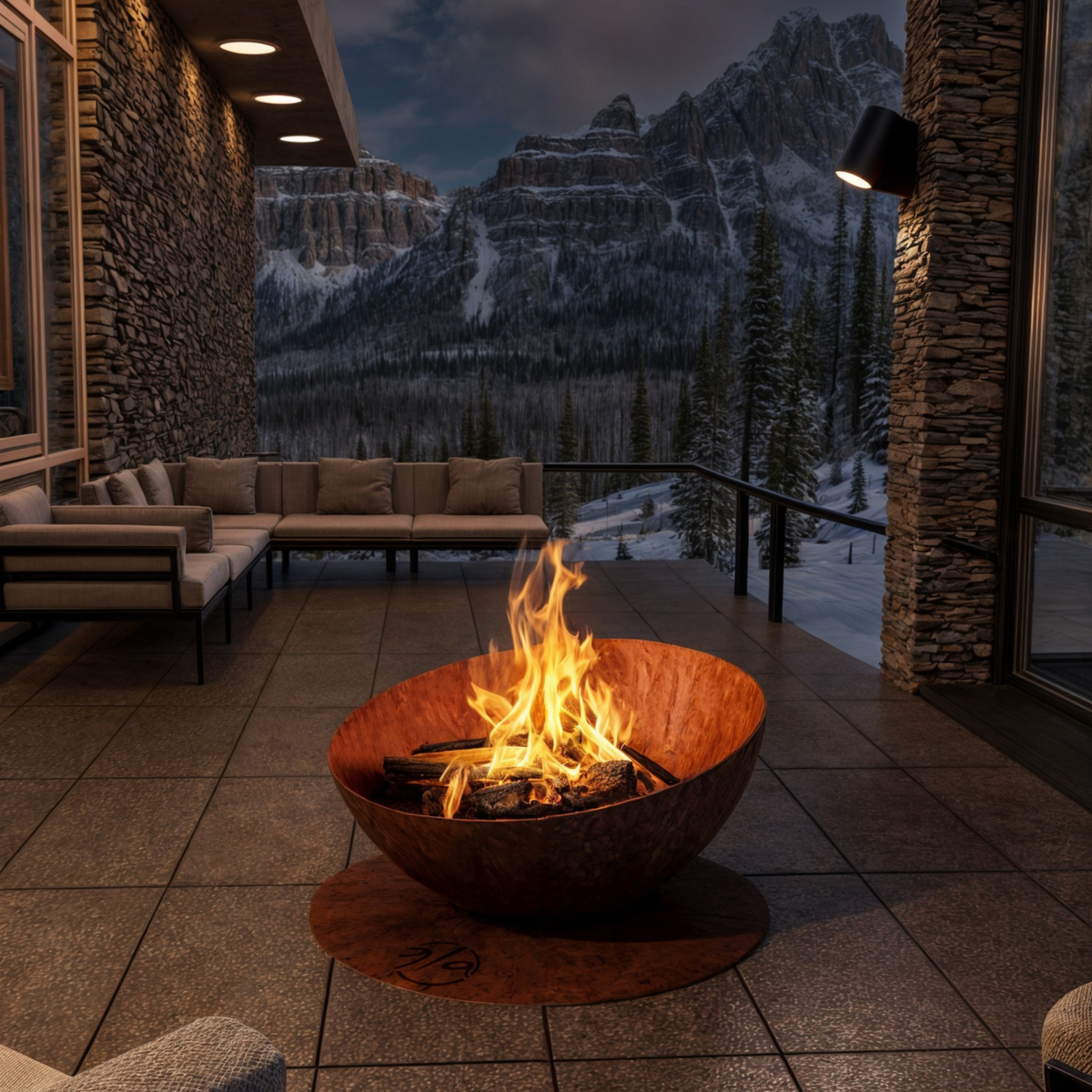 GlammFire Solace rusted Corten steel fire pit with burning logs on a stone terrace overlooking a mountain landscape