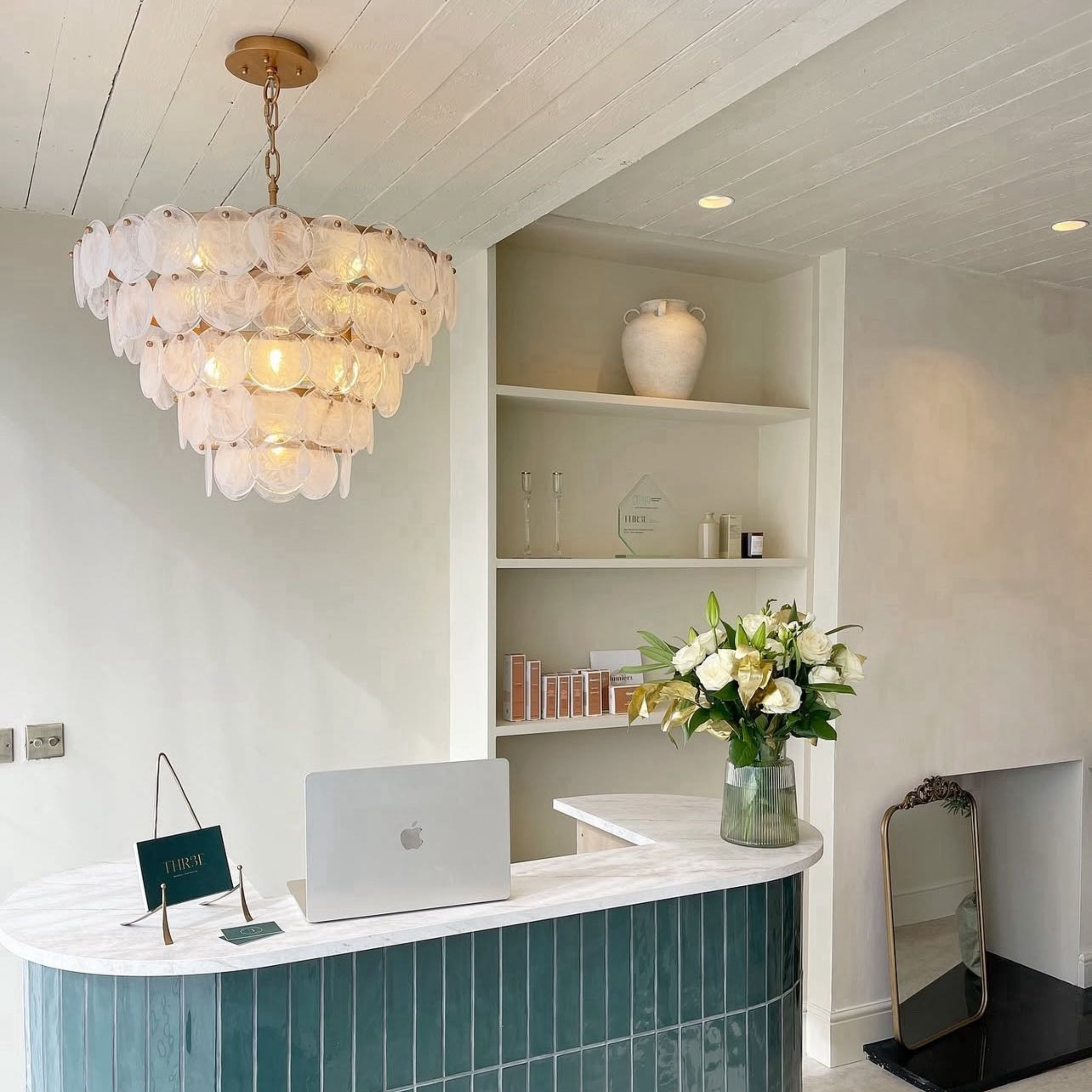 Utopia Scale 9 Light Pendant Chandelier - Antique Gold Paint with White & Clear Glass