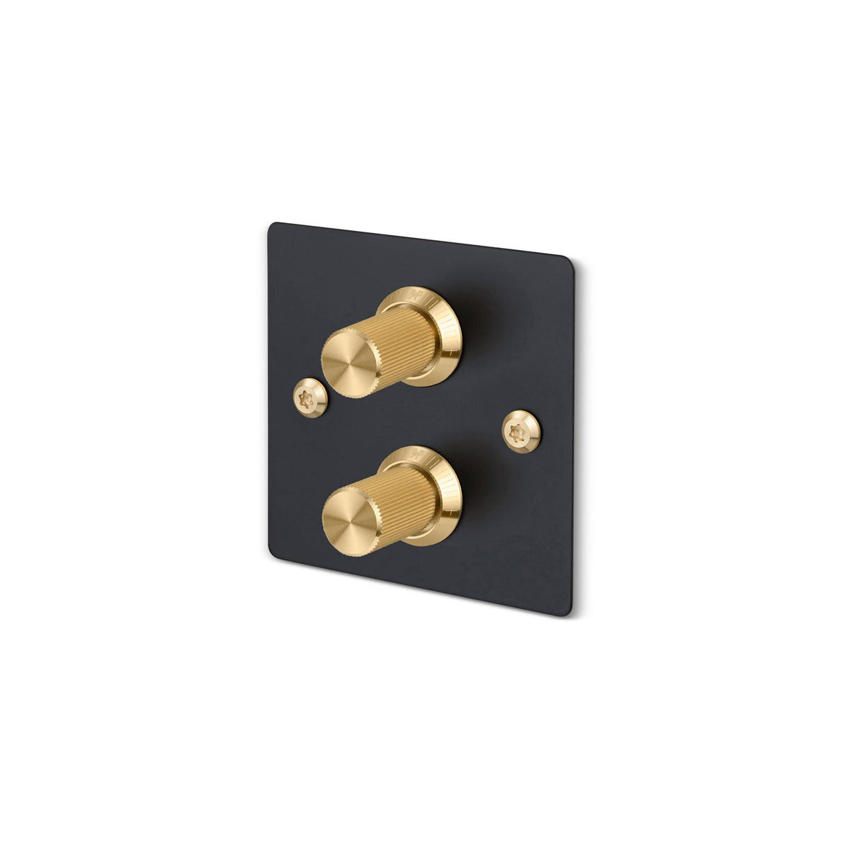 Buster + Punch 2G dimmer switch, black plate with brass linear knurl knobs, isolated cutout