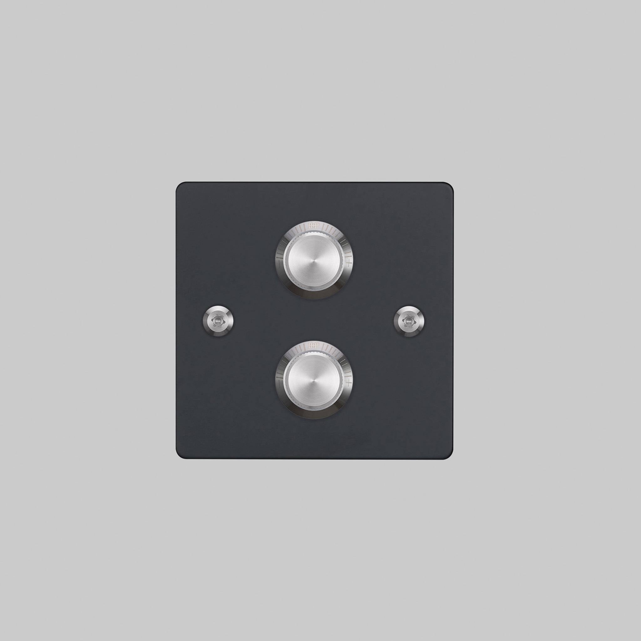 Buster + Punch 2G dimmer switch, black plate with steel linear knurl knobs, front elevation