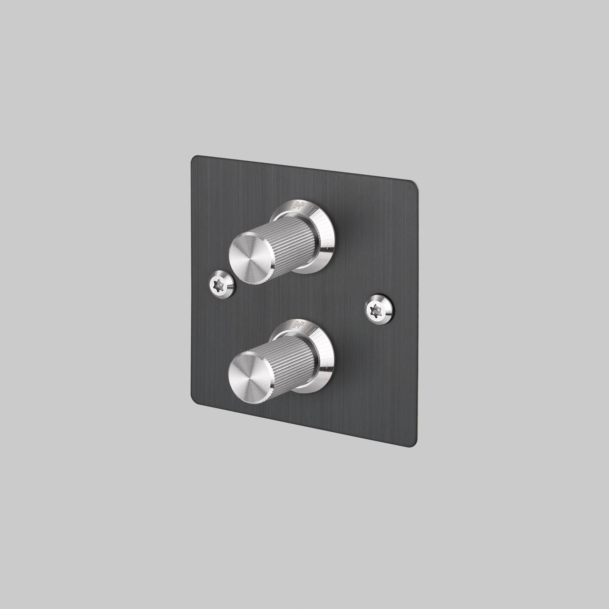 Buster + Punch 2G dimmer switch, smoked bronze plate with steel linear knurl knobs, front view