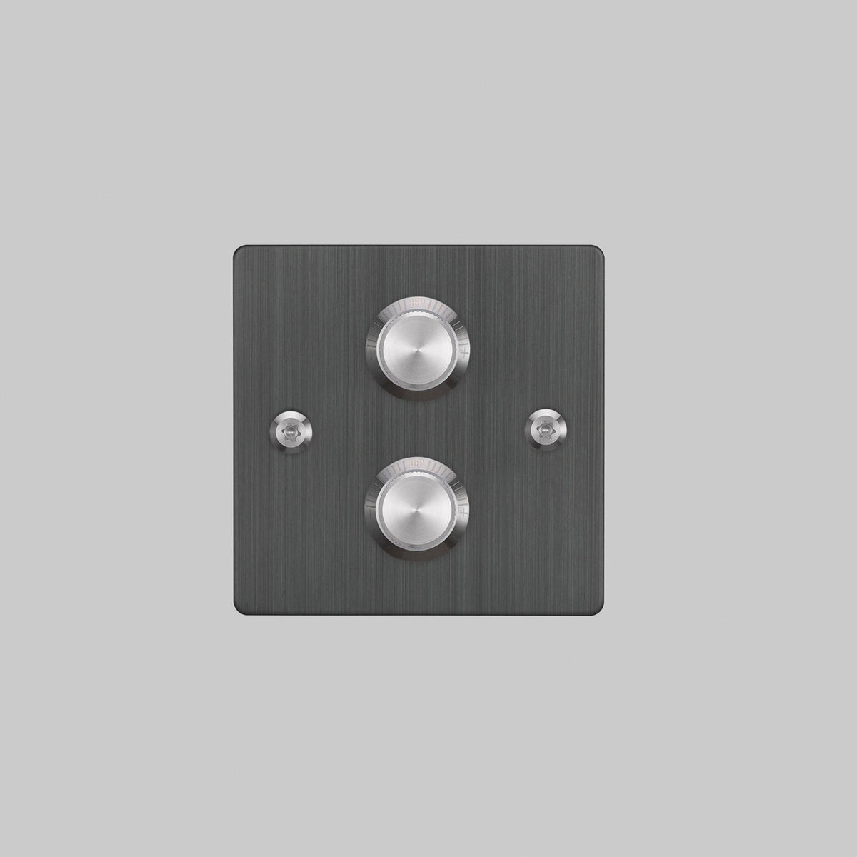 Buster + Punch 2G dimmer switch, smoked bronze plate with steel linear knurl knobs, front elevation