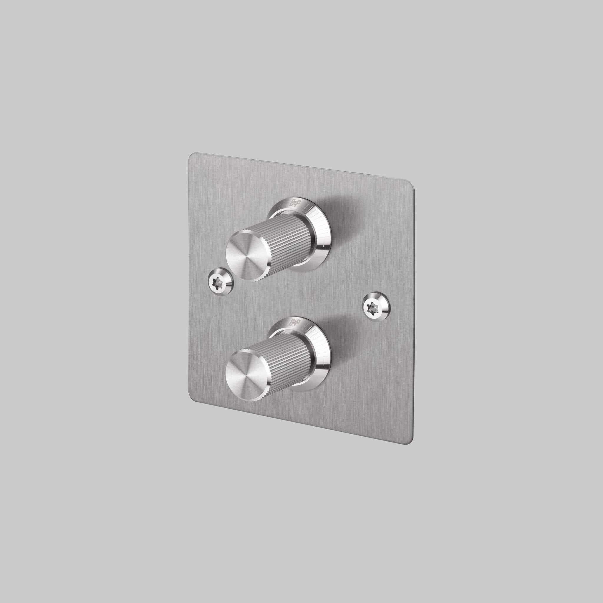Buster + Punch 2G dimmer switch, steel plate with steel linear knurl knobs, front view