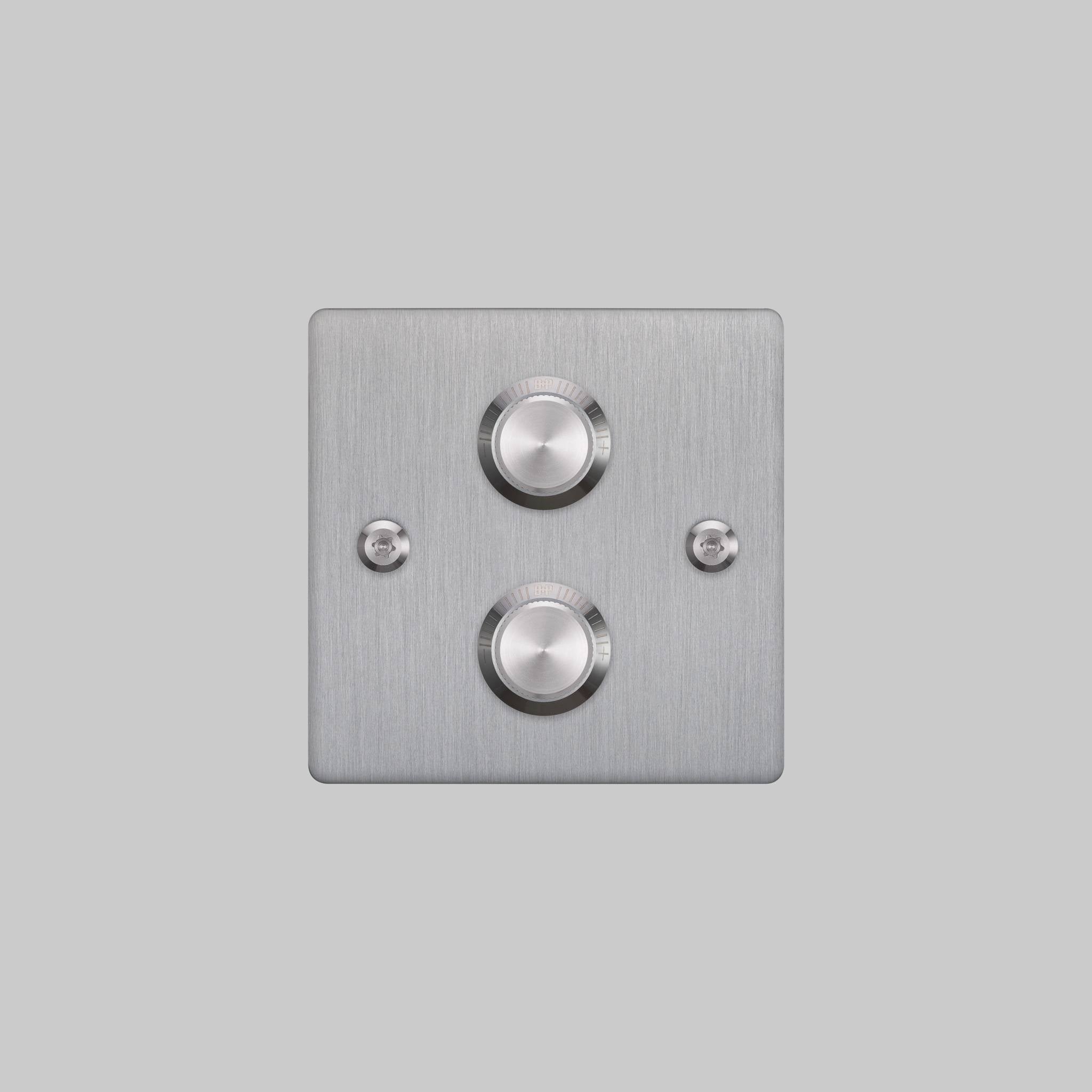 Buster + Punch 2G dimmer switch, steel plate with steel linear knurl knobs, front elevation