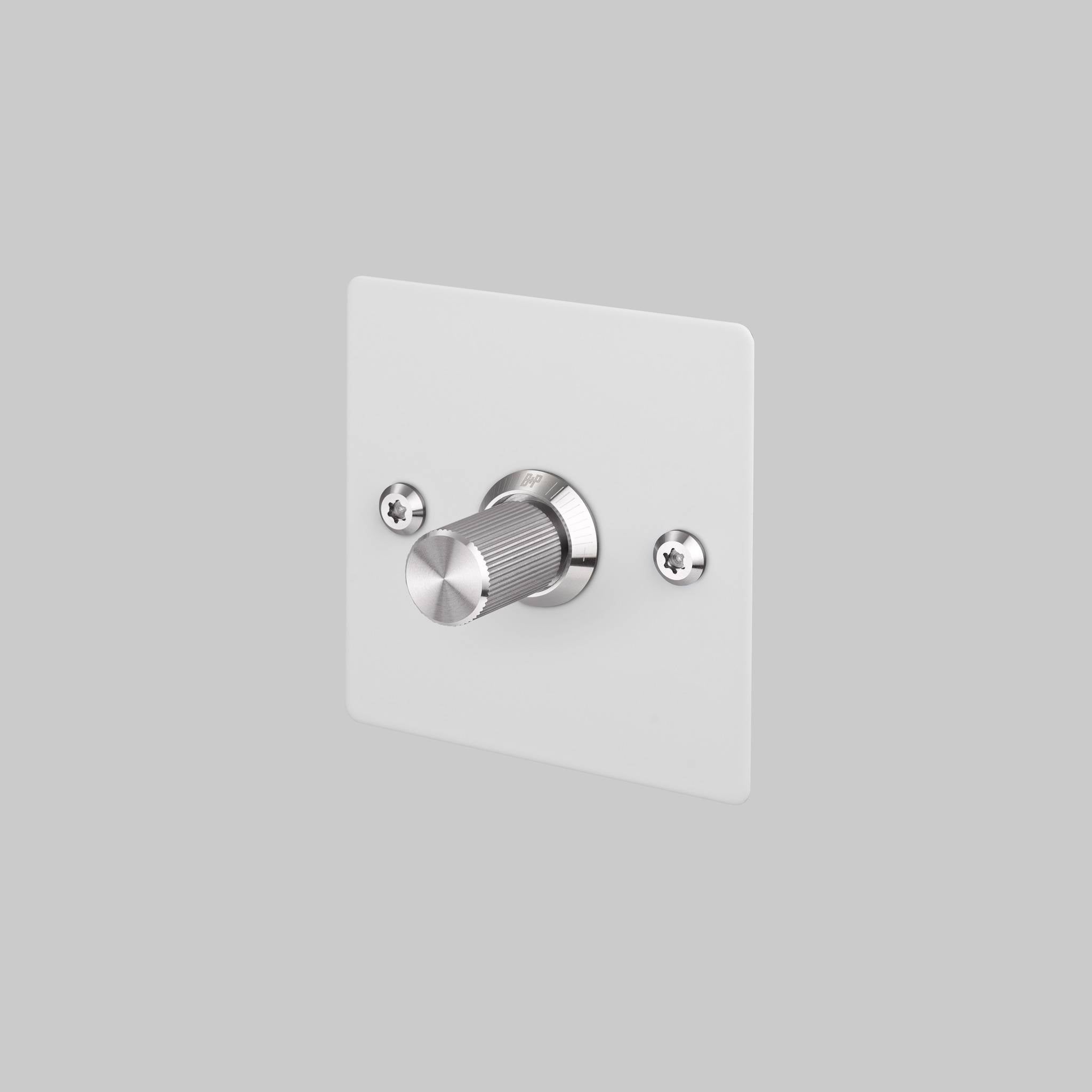 Buster + Punch 1G Dimmer switch, White plate with Steel linear knurl knob, front view