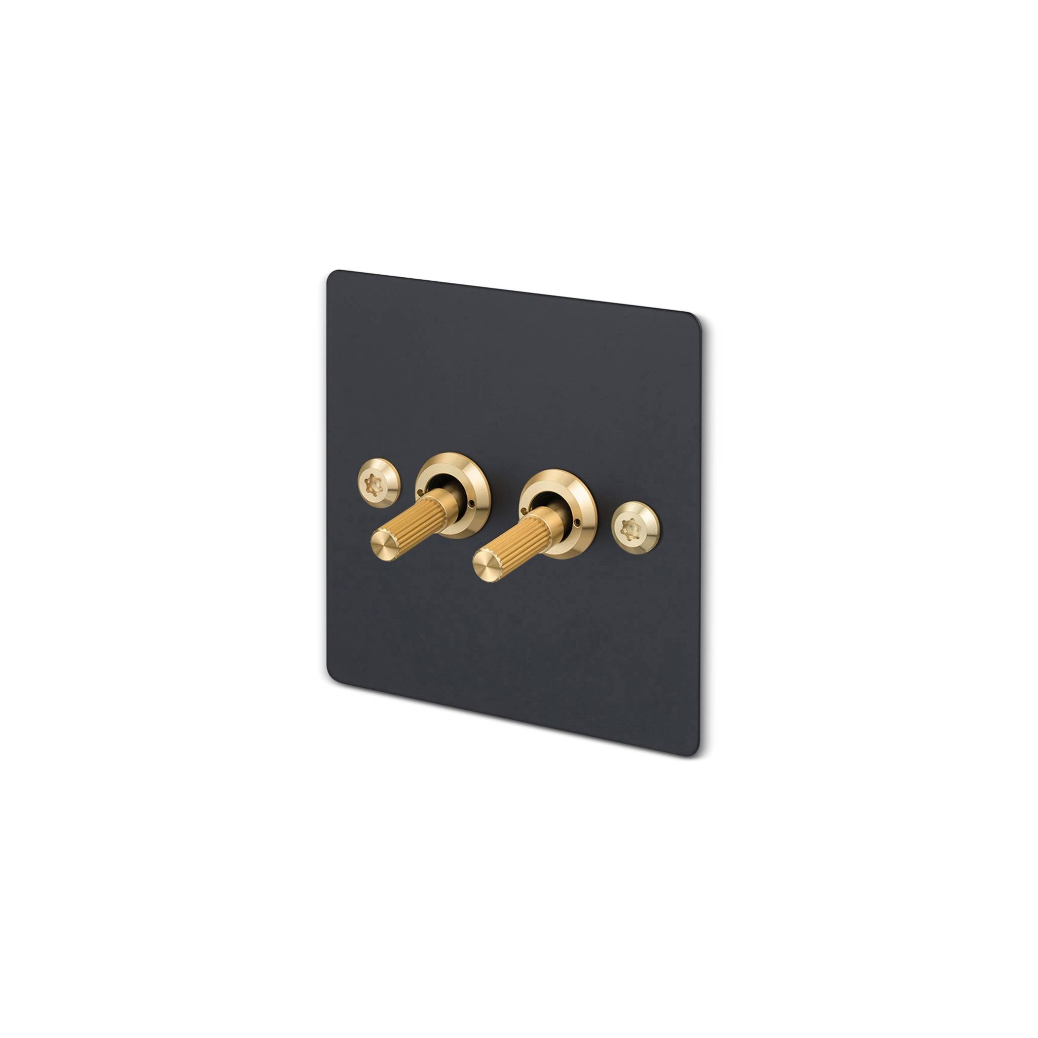 Buster + Punch 2G 2-way toggle switch, black plate with brass linear knurl toggle arm, isolated cutout