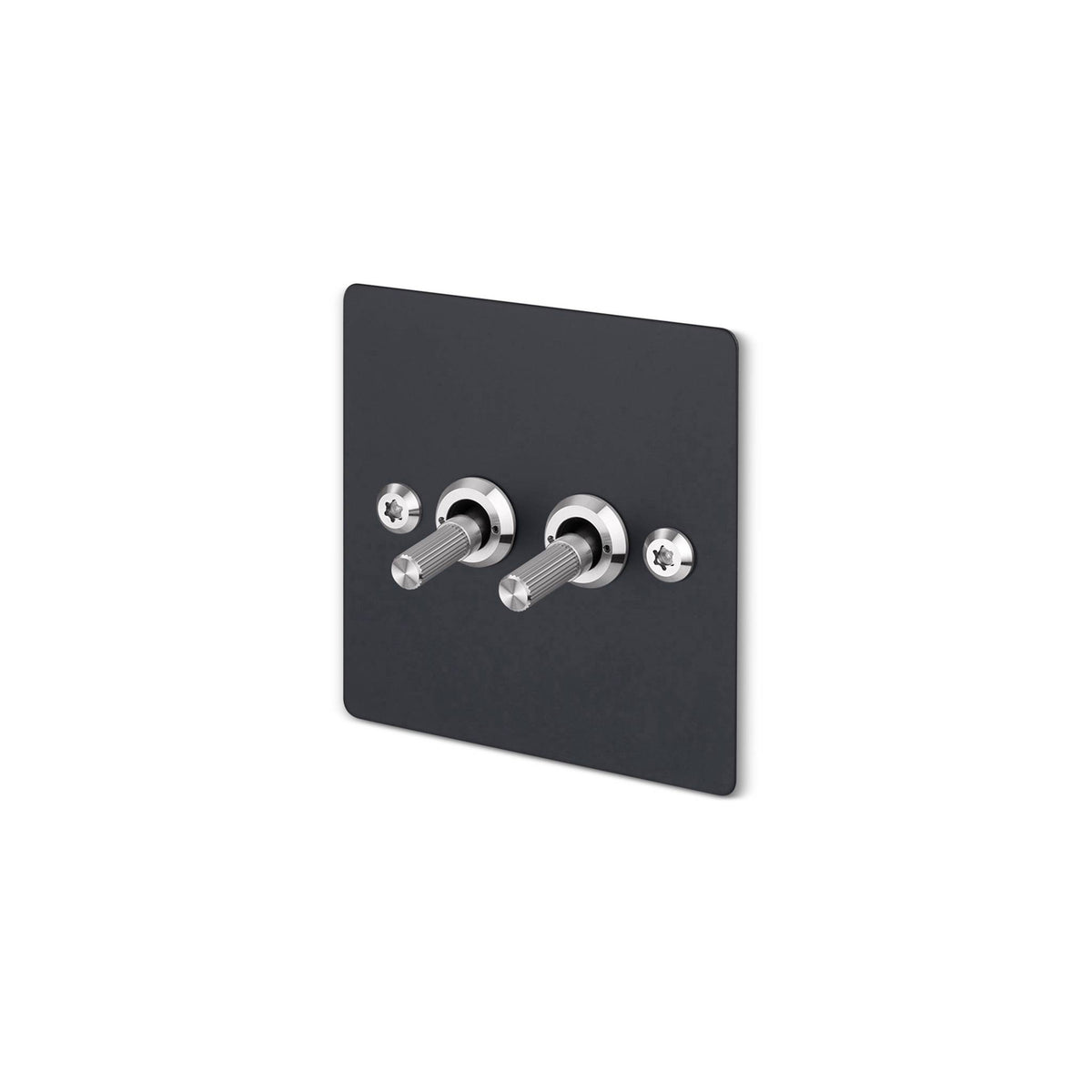 Buster + Punch 2G 2-way toggle switch, black plate with steel linear knurl toggle arm, isolated cutout
