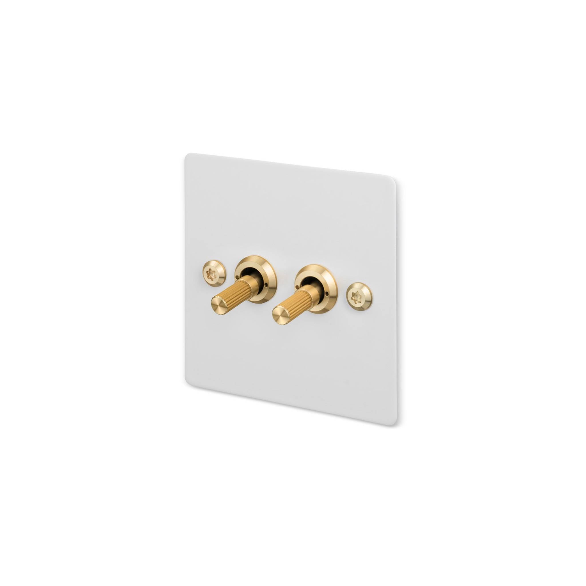 Buster + Punch 2G toggle switch, white plate with brass linear knurl toggle arms, isolated cutout