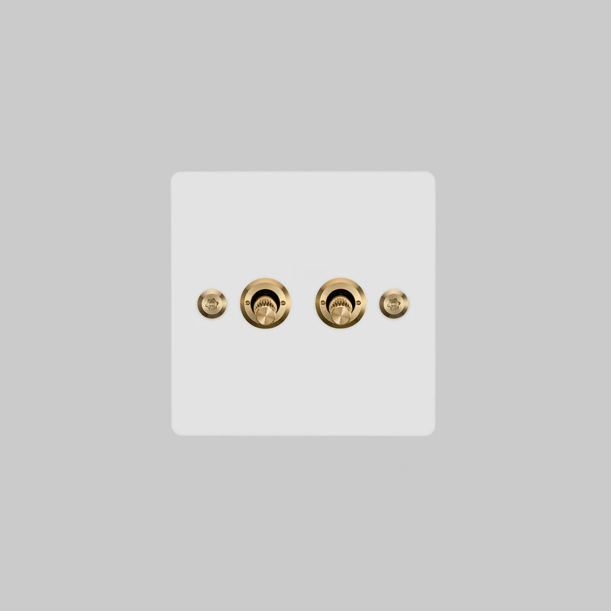 Buster + Punch 2G toggle switch, white plate with brass linear knurl toggle arms, elevated angle