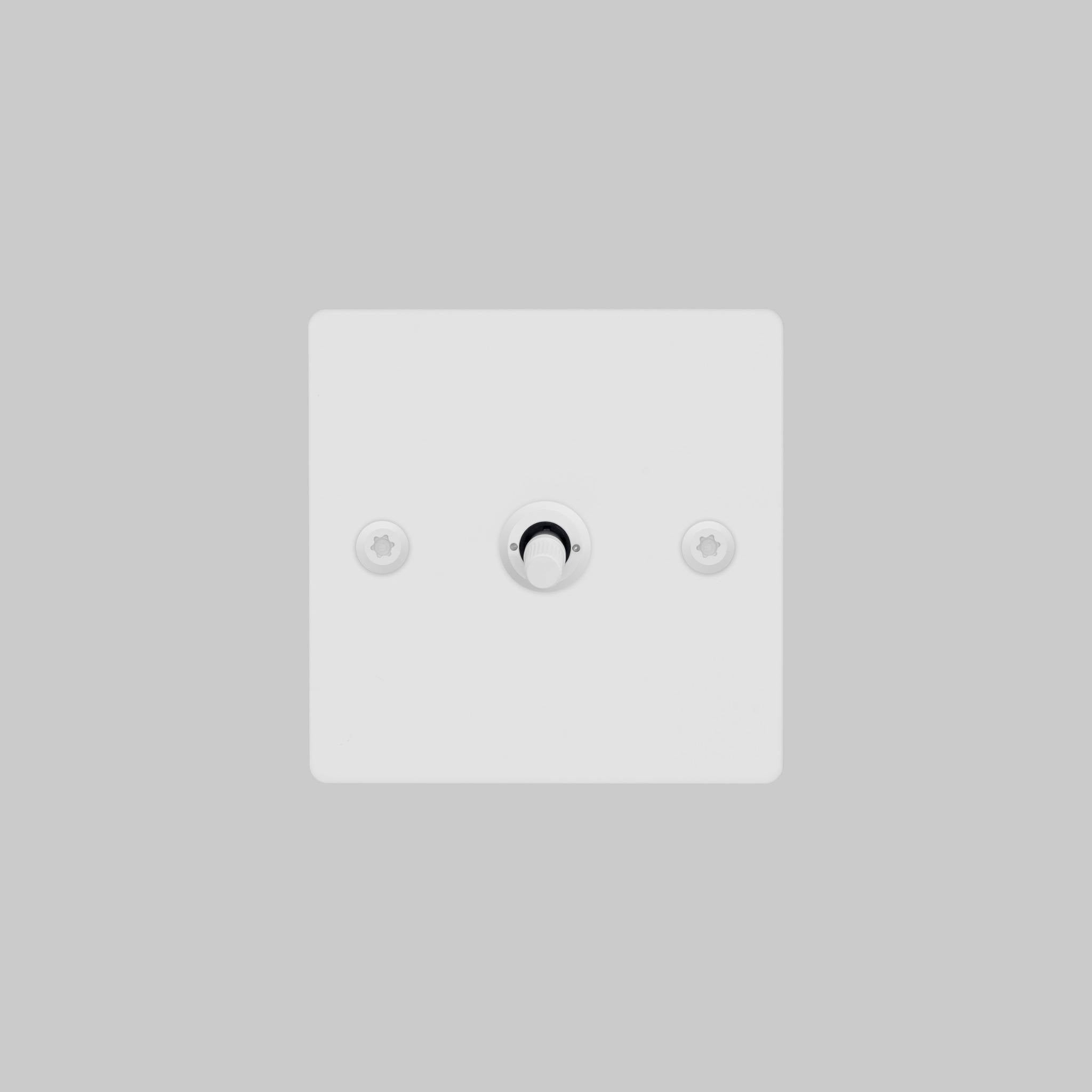 Buster + Punch 1G intermediate toggle switch, white plate with white linear knurl toggle arm, front elevation