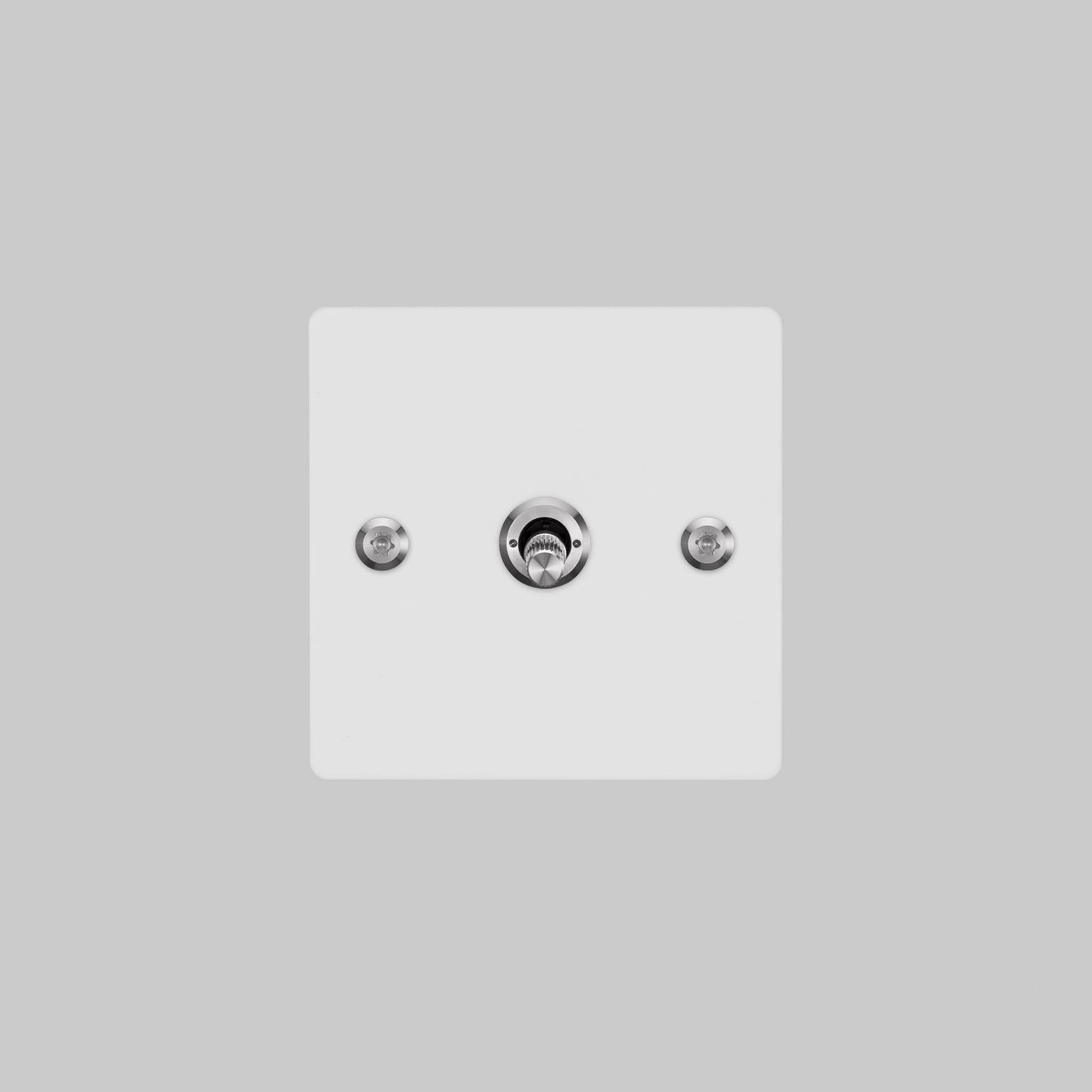 Buster + Punch 1G 2 way toggle switch, White plate with Steel linear knurl toggle arm, front view