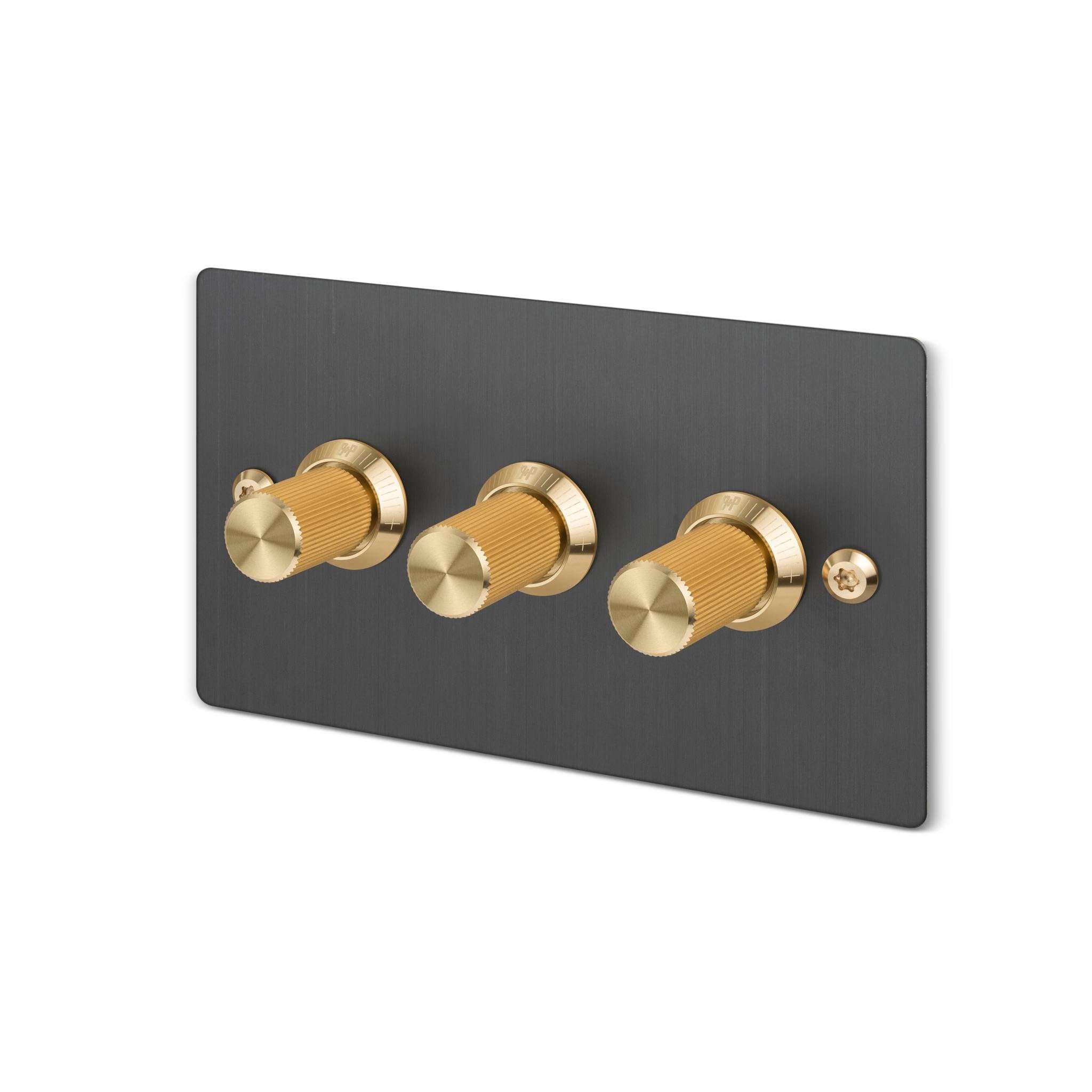 Buster + Punch 3G dimmer switch, Smoked Bronze plate with Brass linear knurl knob, isolated cutout
