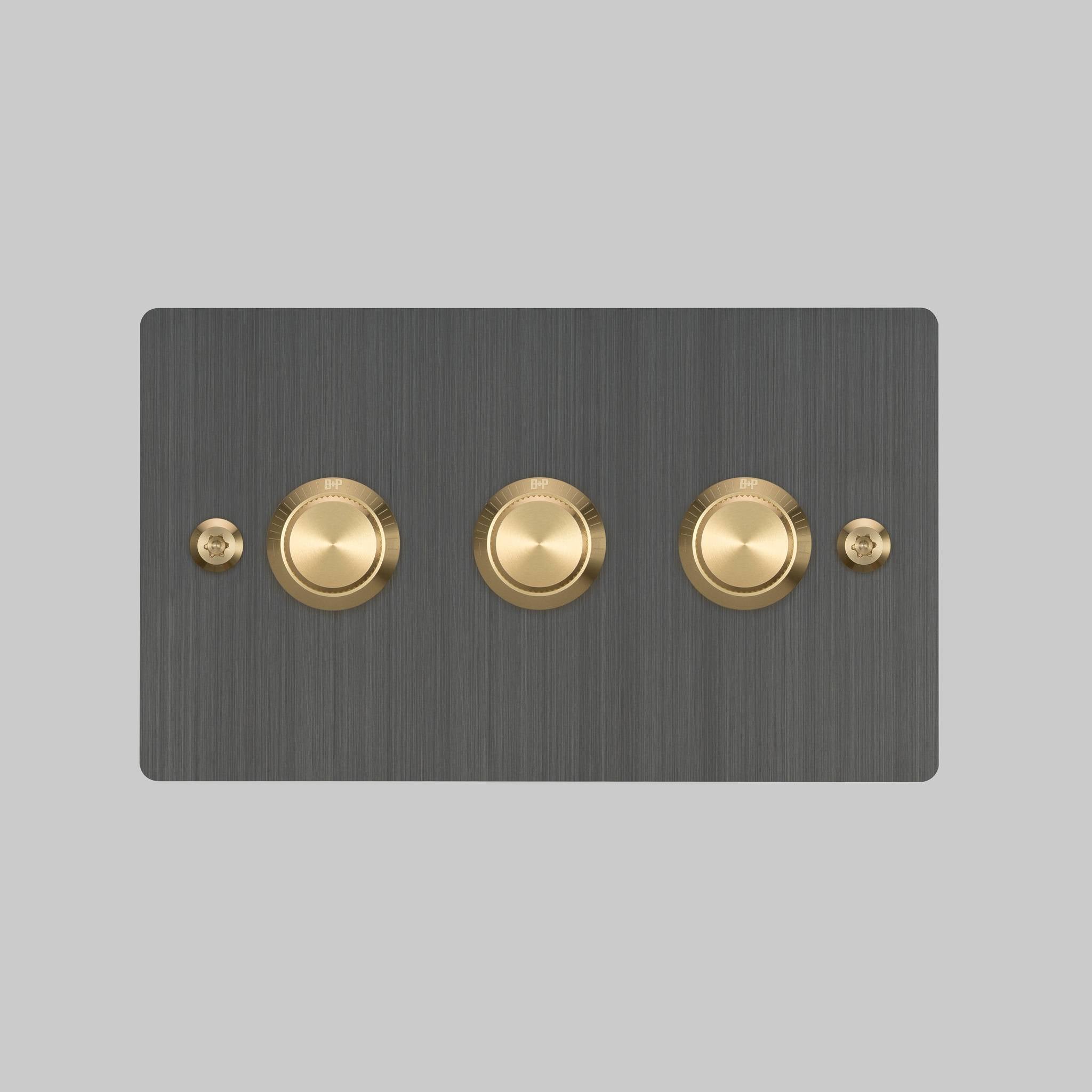 Buster + Punch 3G dimmer switch, Smoked Bronze plate with Brass linear knurl knob, front elevation view