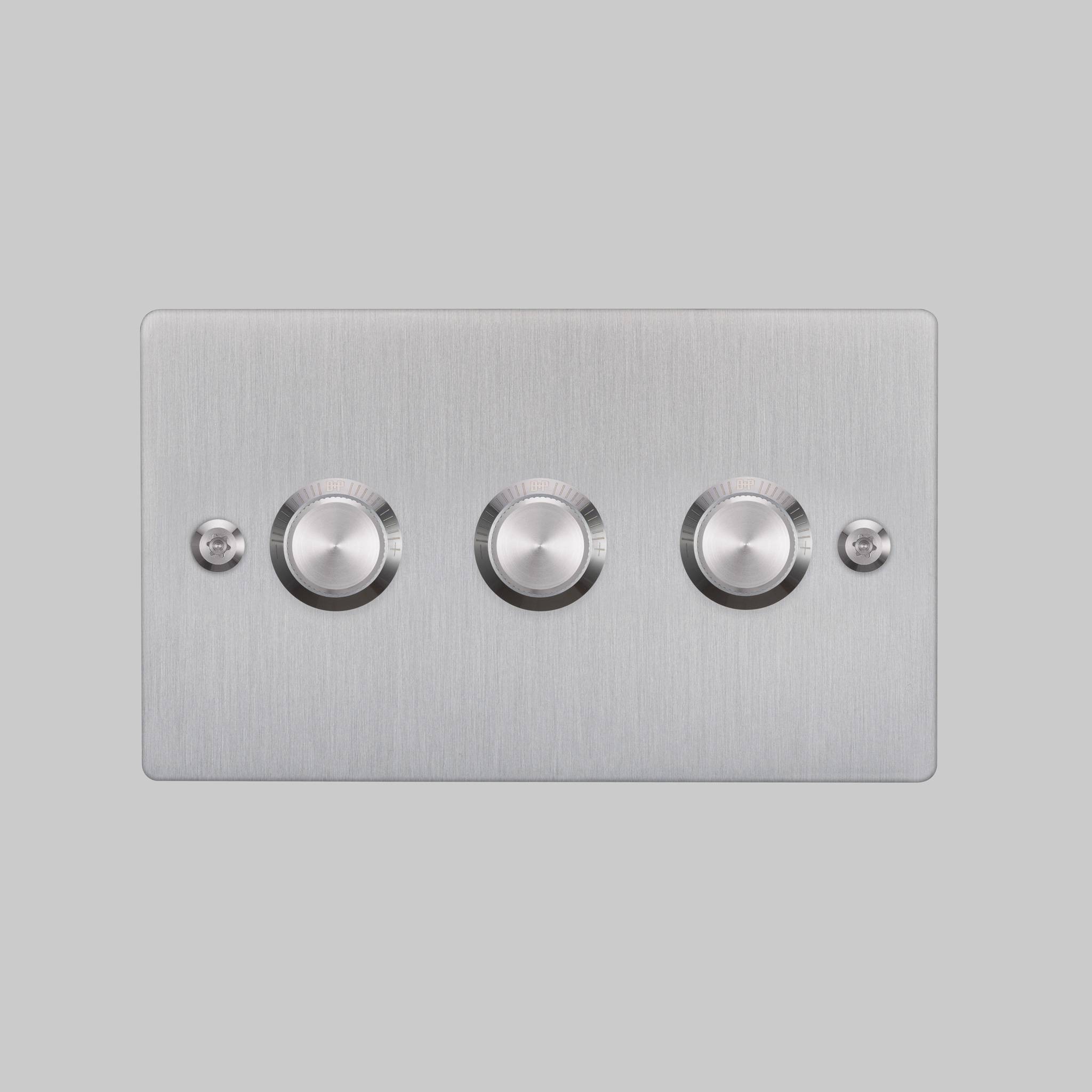 Buster + Punch 3G dimmer switch, Steel plate with Steel linear knurl knob, front elevation view