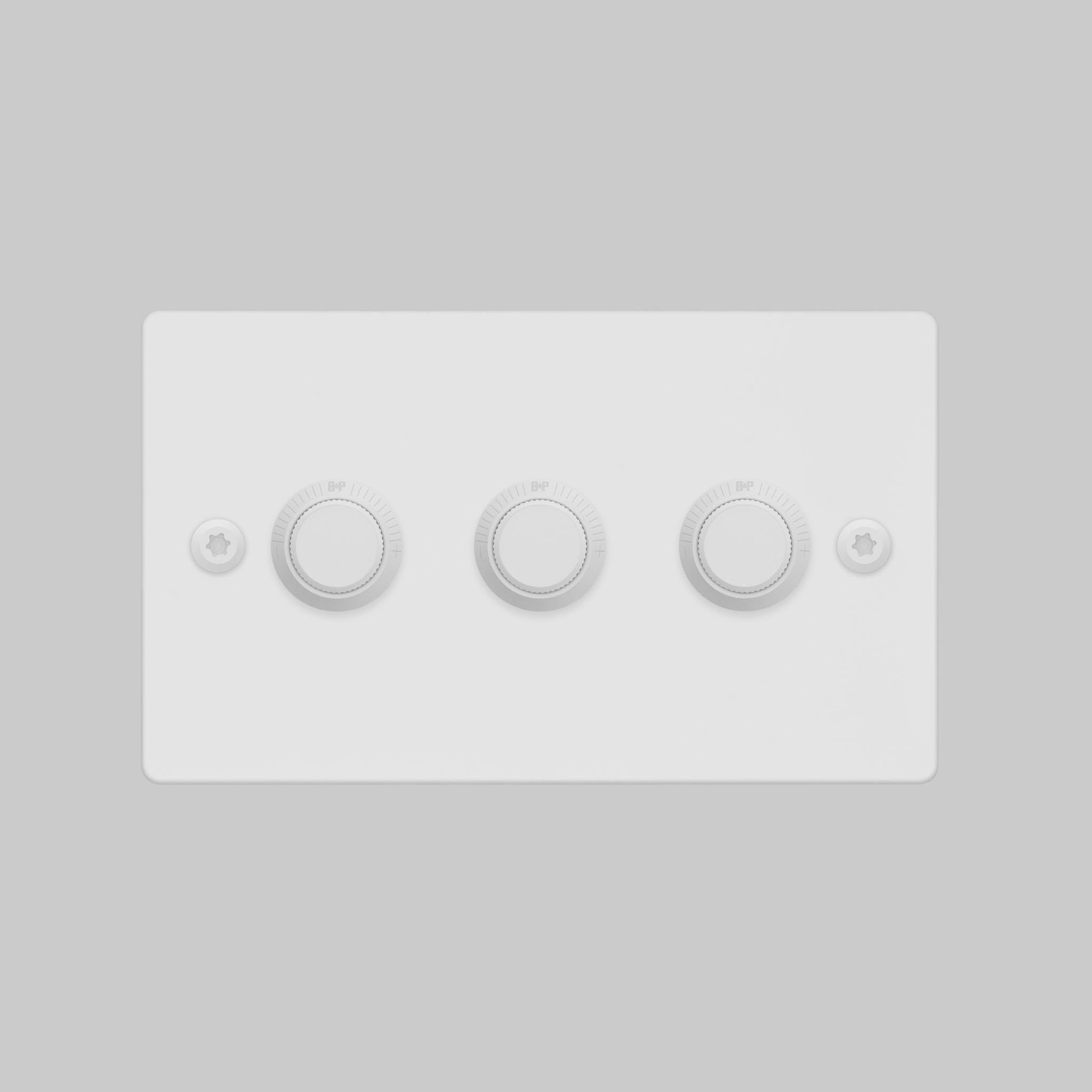 Buster + Punch 3G dimmer switch, White plate with White linear knurl knob, front elevation view