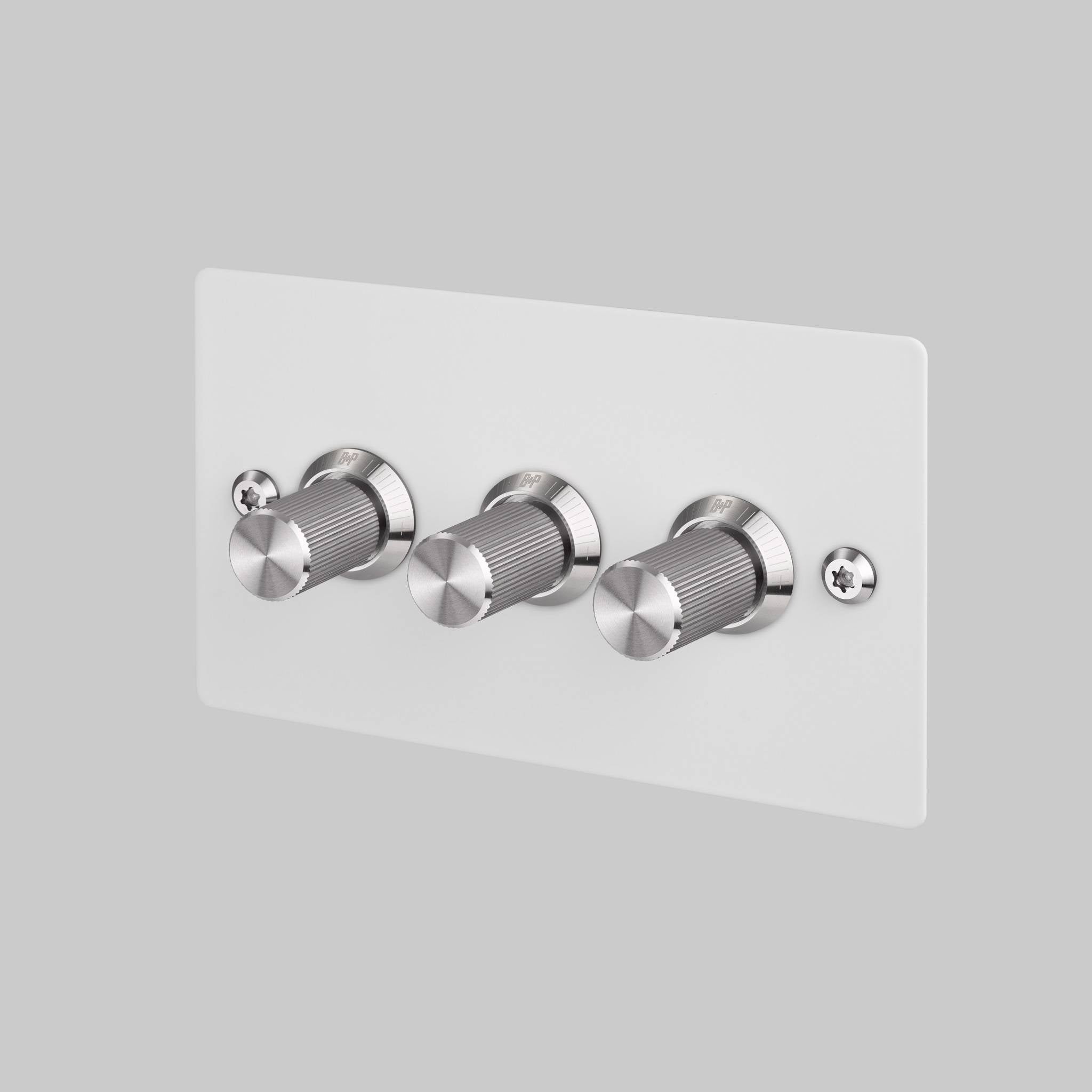Buster + Punch 3G dimmer switch, White plate with Steel linear knurl knob, front angled view