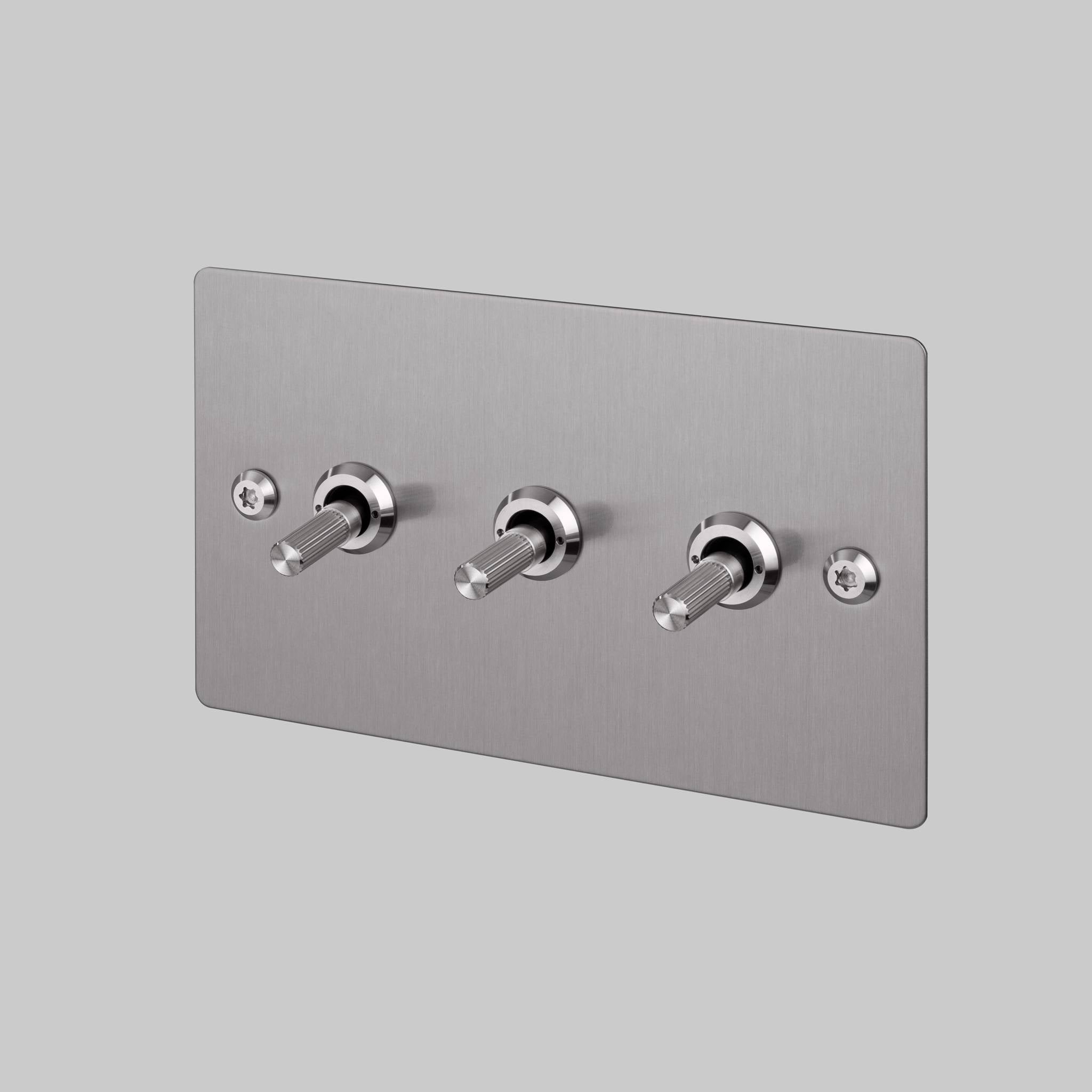 Buster + Punch 3G 2-way toggle switch, Steel plate with Steel linear knurl toggle arm, front view