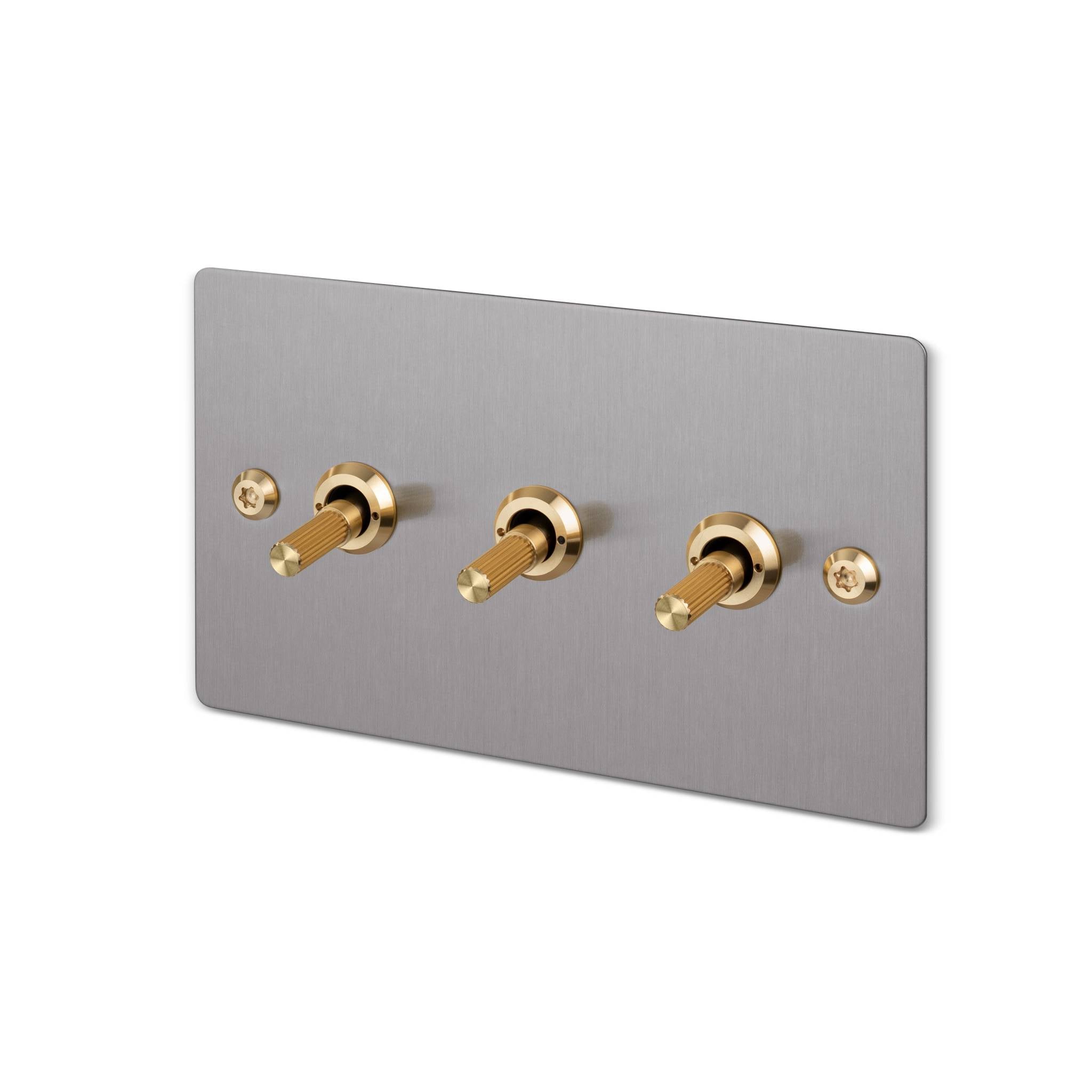 Buster + Punch 3G 2-way toggle switch, Steel plate with Brass linear knurl toggle arm, isolated cutout